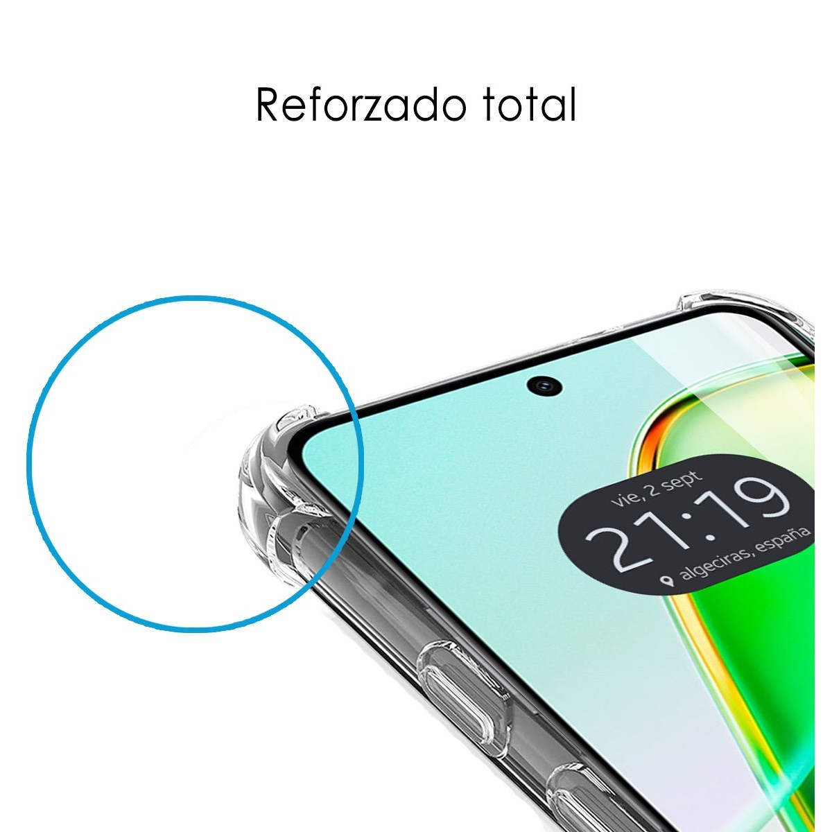 Telefono con custodia trasparente, schermo mostra ora e dettagli posizione.