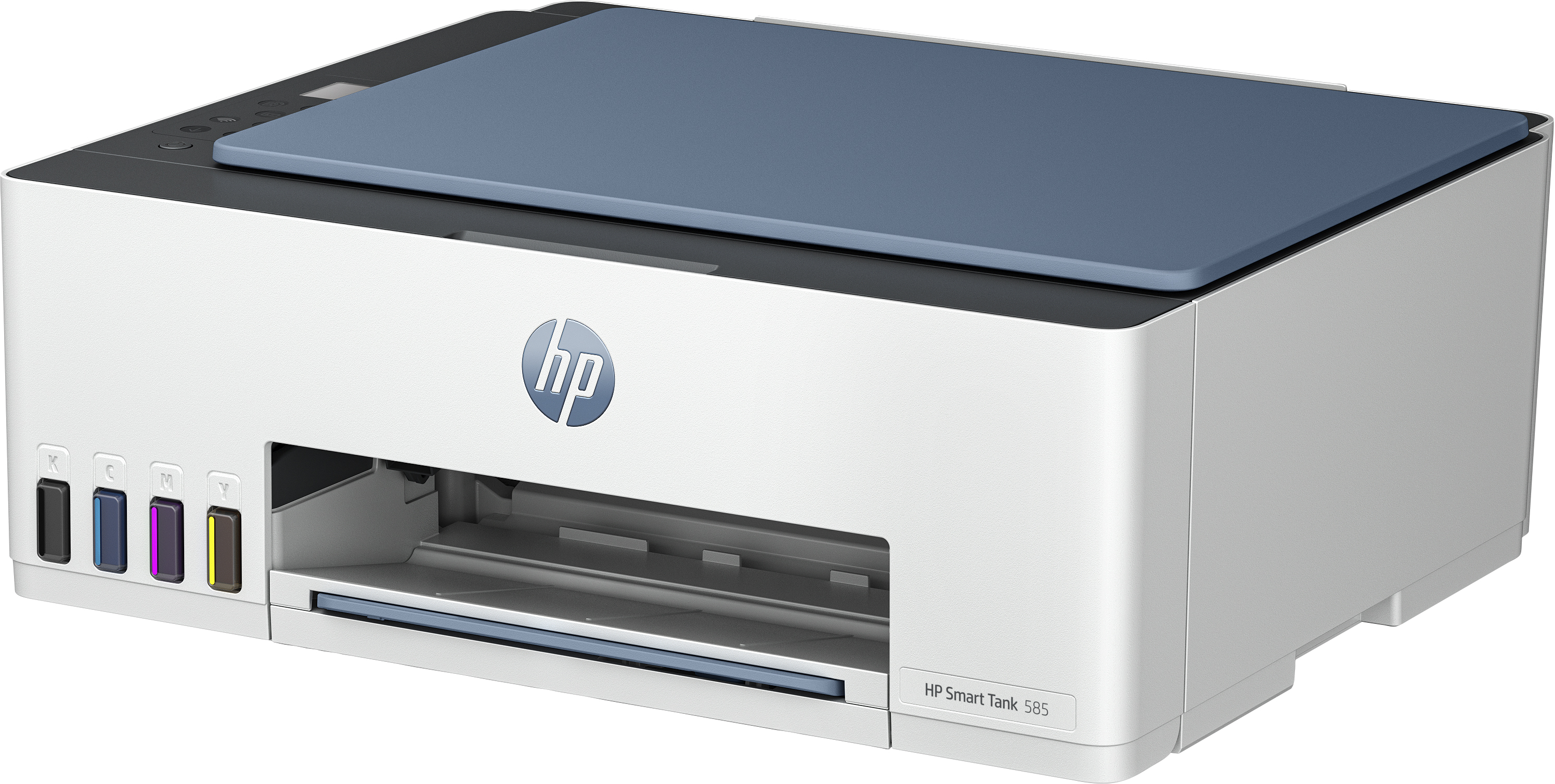 Weißer und grauer HP Smart Tank 585 Drucker mit Tintenbehältern und Papierfach.