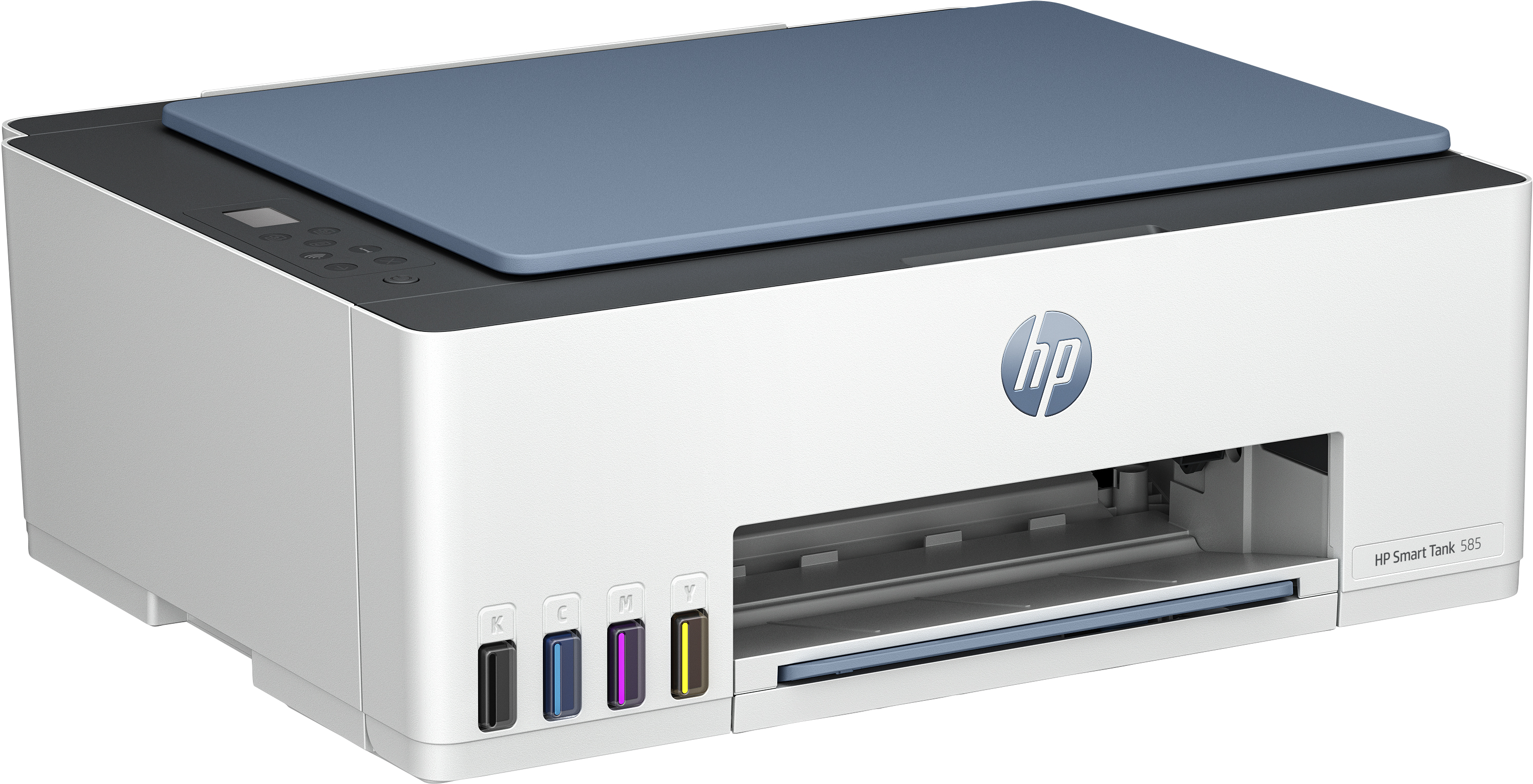Ein HP Smart Tank 585 Drucker mit Tintenbehältern und einem blauen Deckel.