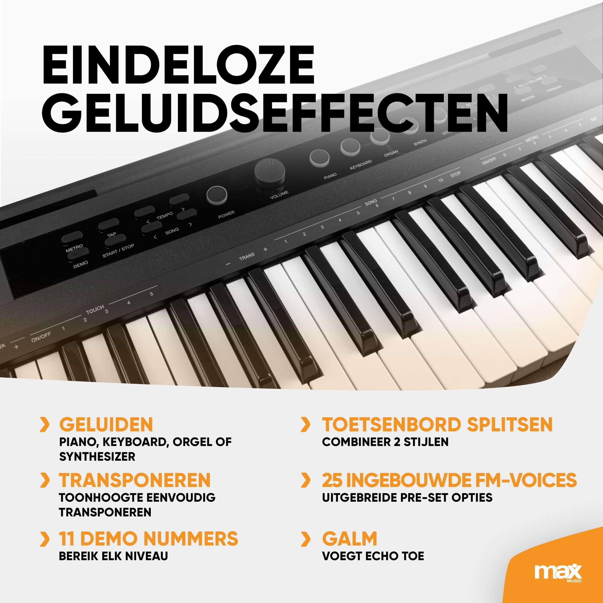 Eine Tastatur mit niederländischem Text, mit Fokus auf Soundeffekte und Funktionen.