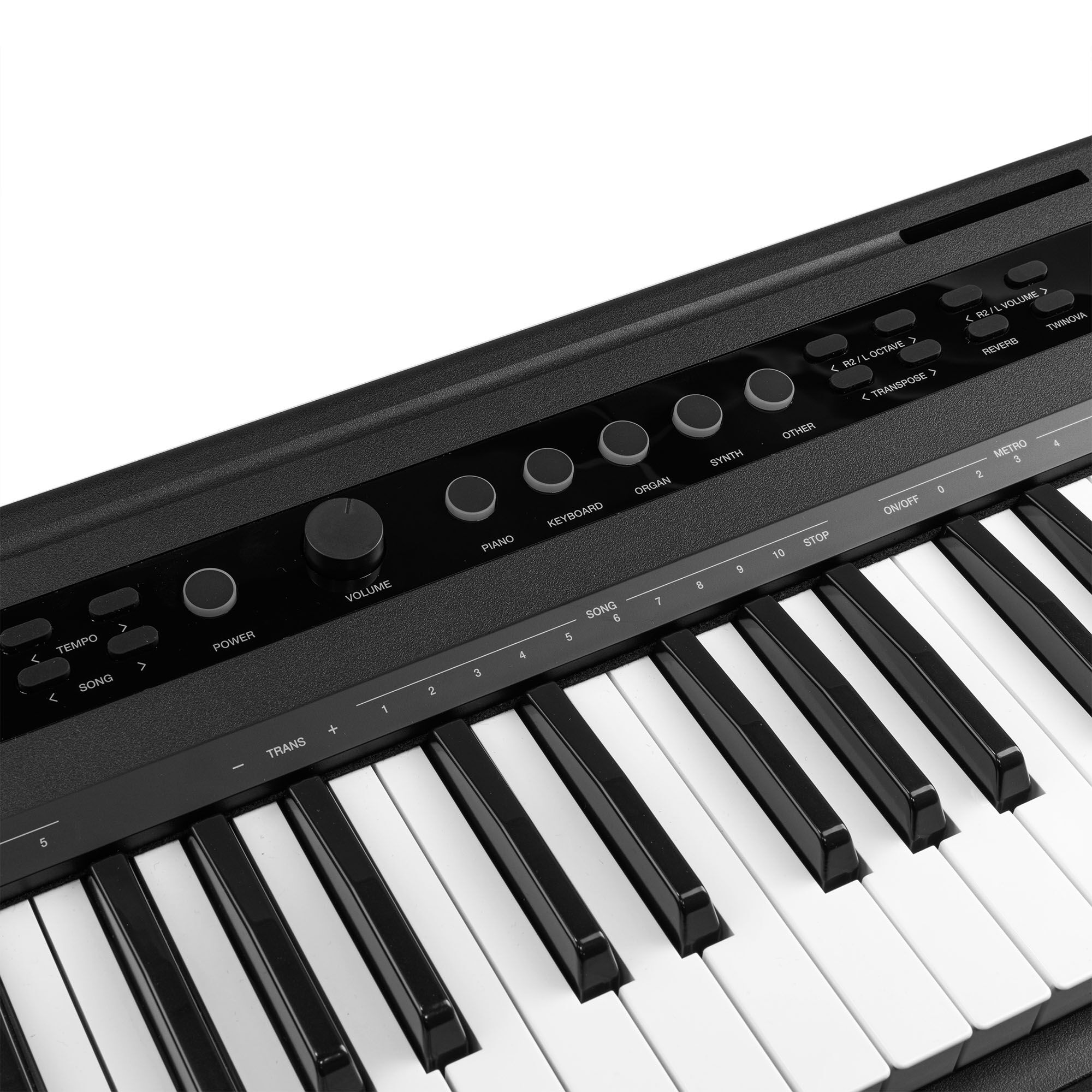 Nahaufnahme einer schwarzen Tastatur mit weißen Tasten und Funktionstasten.