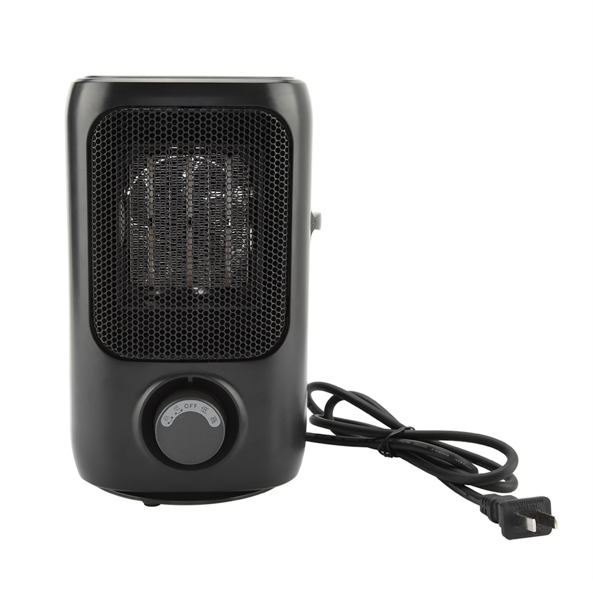 Schwarze Elektroheizung mit Drehknopf und Kabel. Sie hat eine Wabenfront.