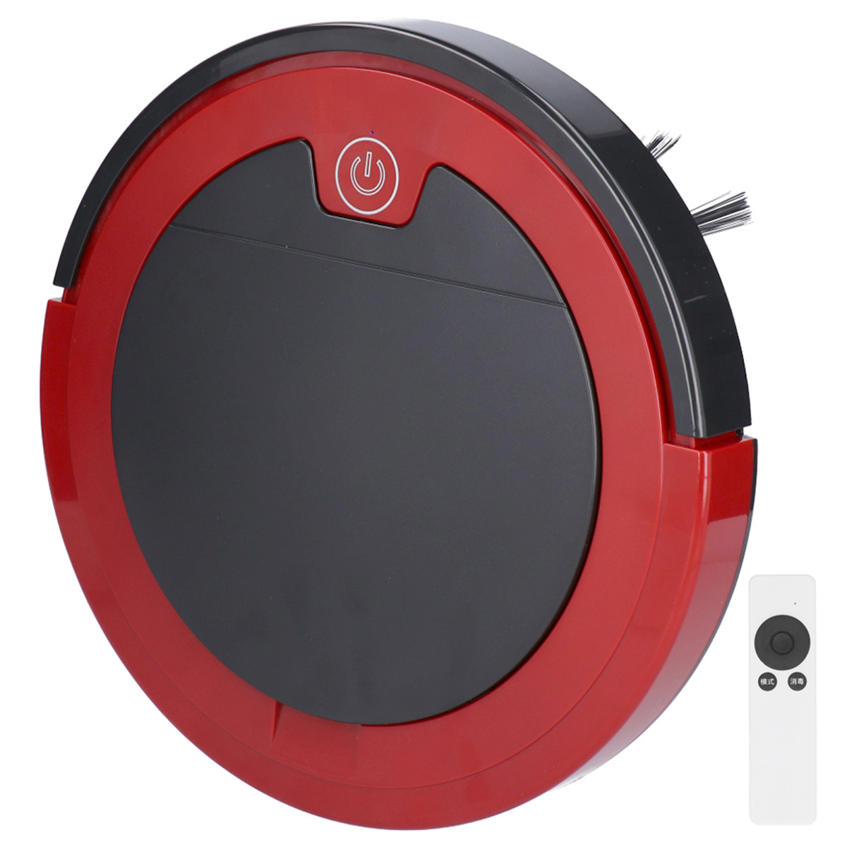 Roter und schwarzer Roboter-Staubsauger mit Fernbedienung. Kreisförmig, Knöpfe und Reinigungsbürsten sichtbar.