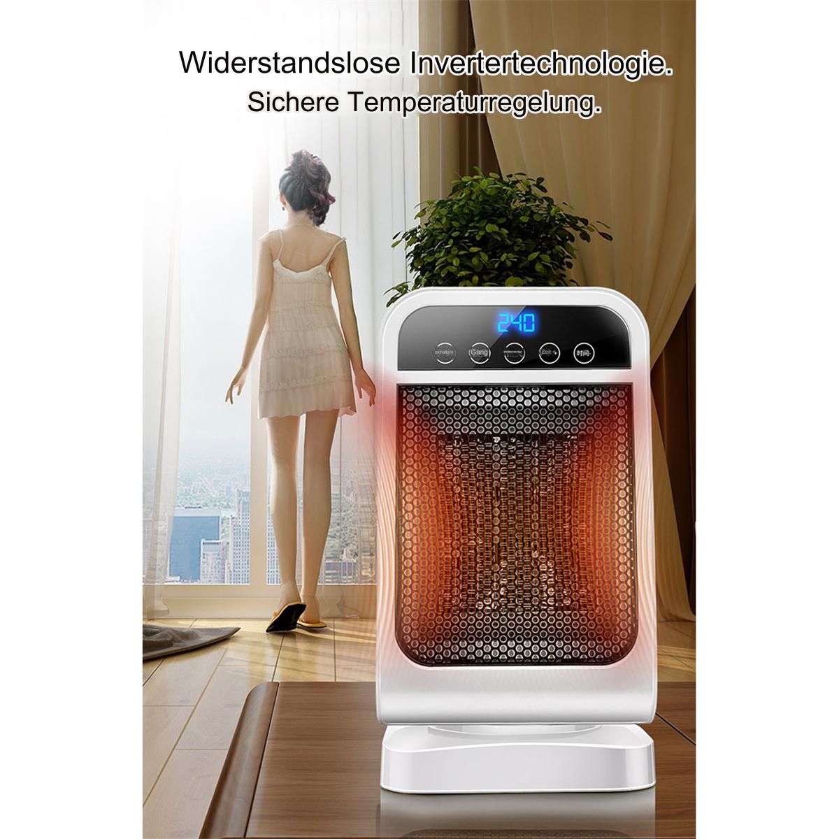 Eine weiße Heizung mit rotem Heizelement, neben einer Frau, die in der Nähe eines Fensters steht.