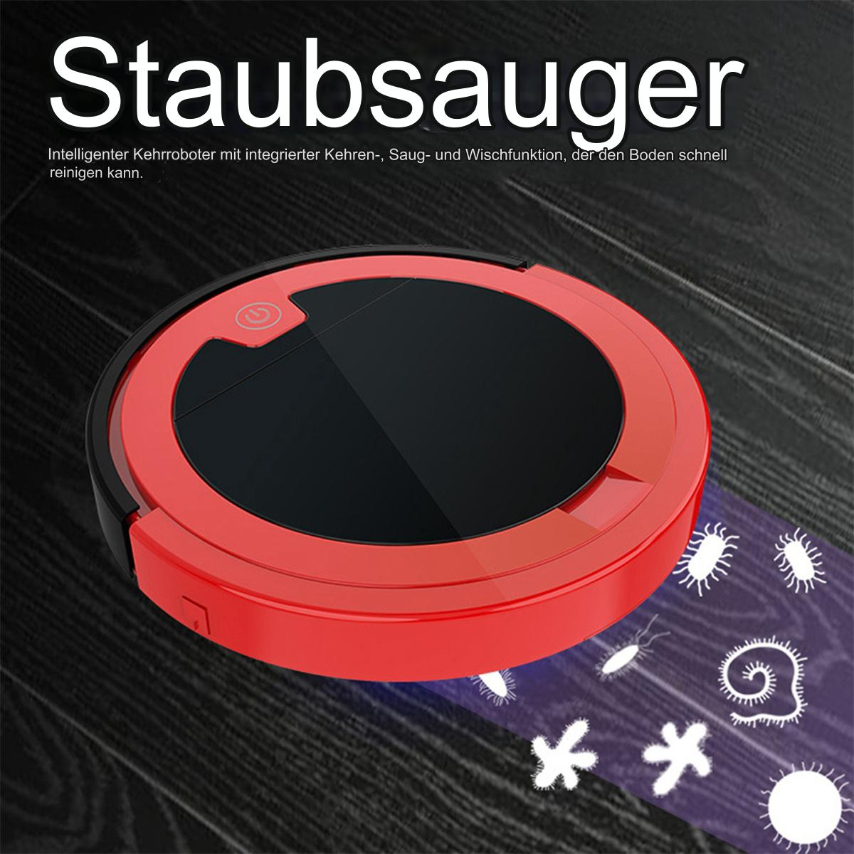 Ein roter und schwarzer Roboter-Staubsauger auf einer Holzoberfläche.