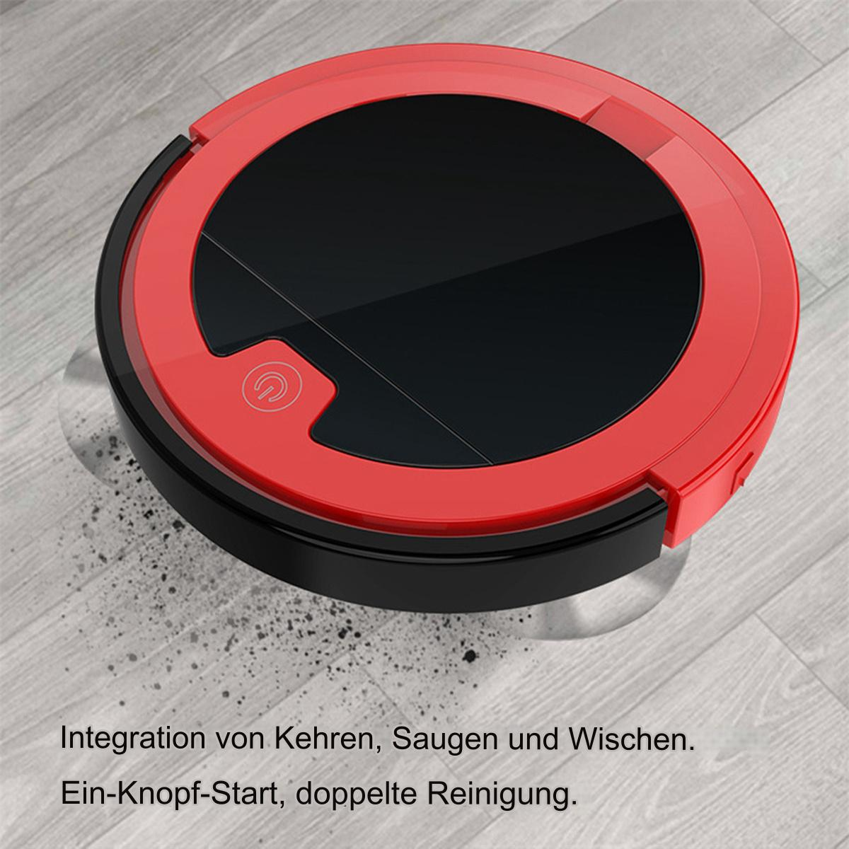 Ein rot-schwarzer Roboter-Staubsauger auf einem Holzboden, mit Text darunter.