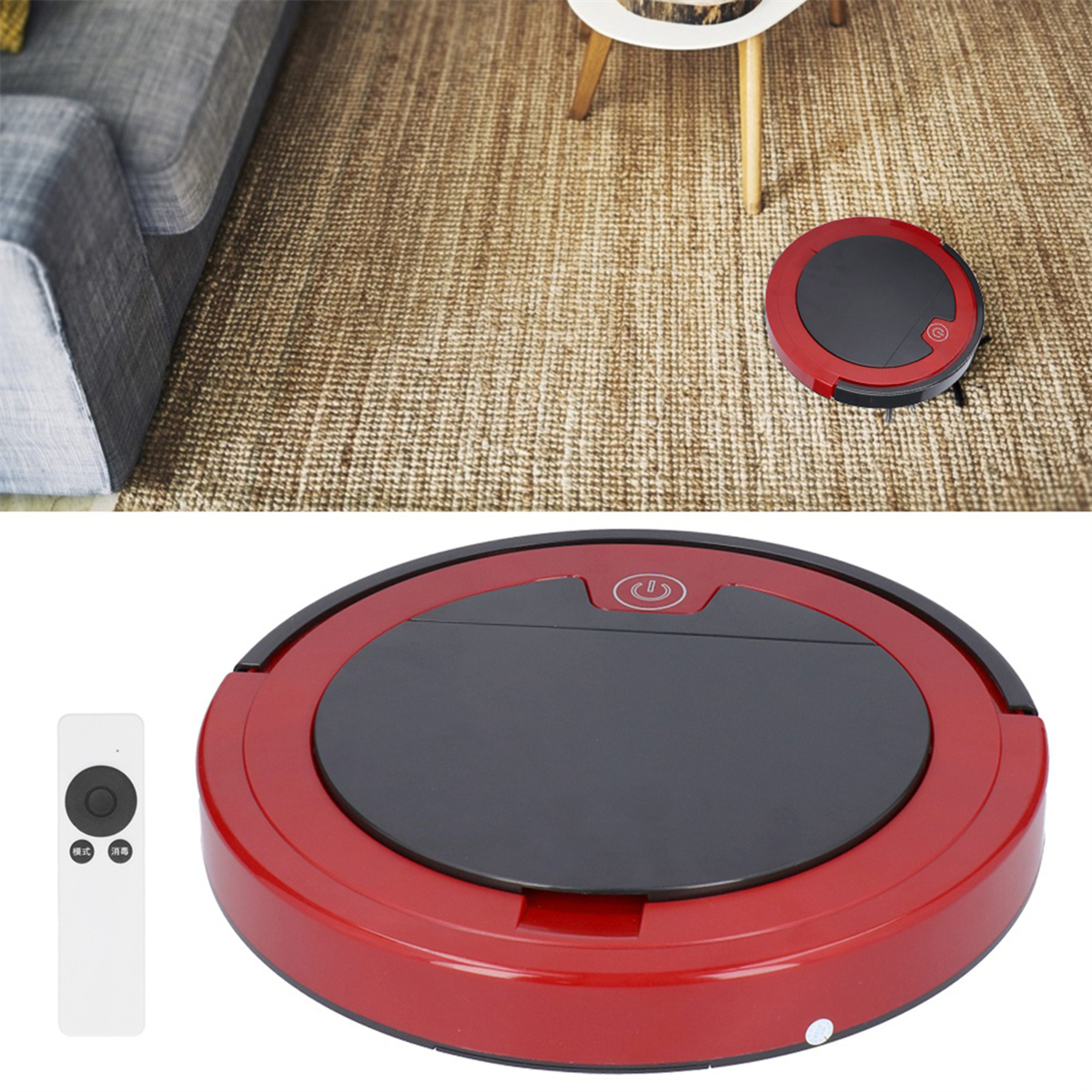 Roter und schwarzer Roboterstaubsauger und Fernbedienung auf einem Teppich.