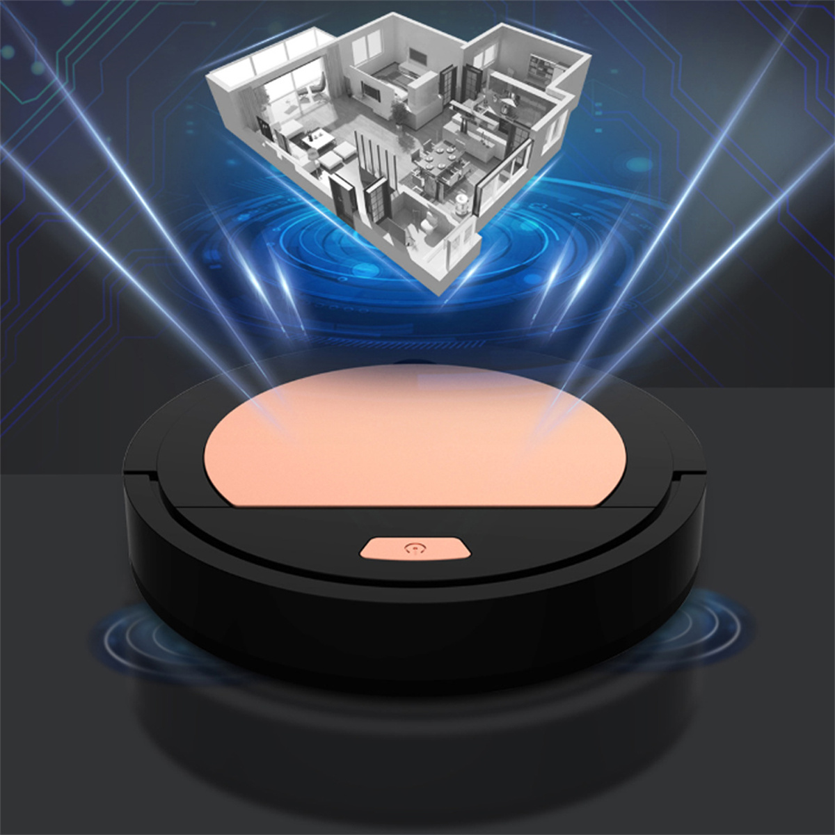 Schwarzer runder Roboter-Staubsauger mit Hausdiagramm darüber. Blaue Lichtstrahlen.
