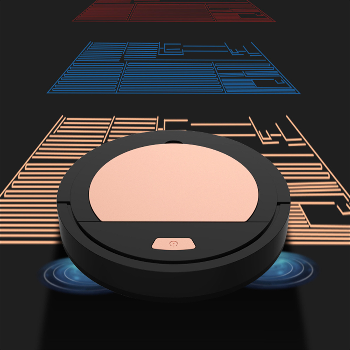 Ein schwarzer Roboter-Staubsauger mit roségoldener Oberseite, mit einer Diagramm der Reinigungspfade.