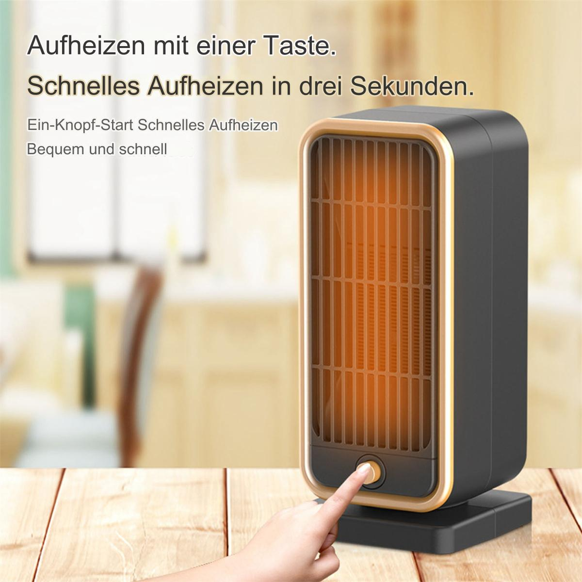 Kleiner schwarzer und goldener Heizlüfter mit einer Hand, die den Einschaltknopf drückt.