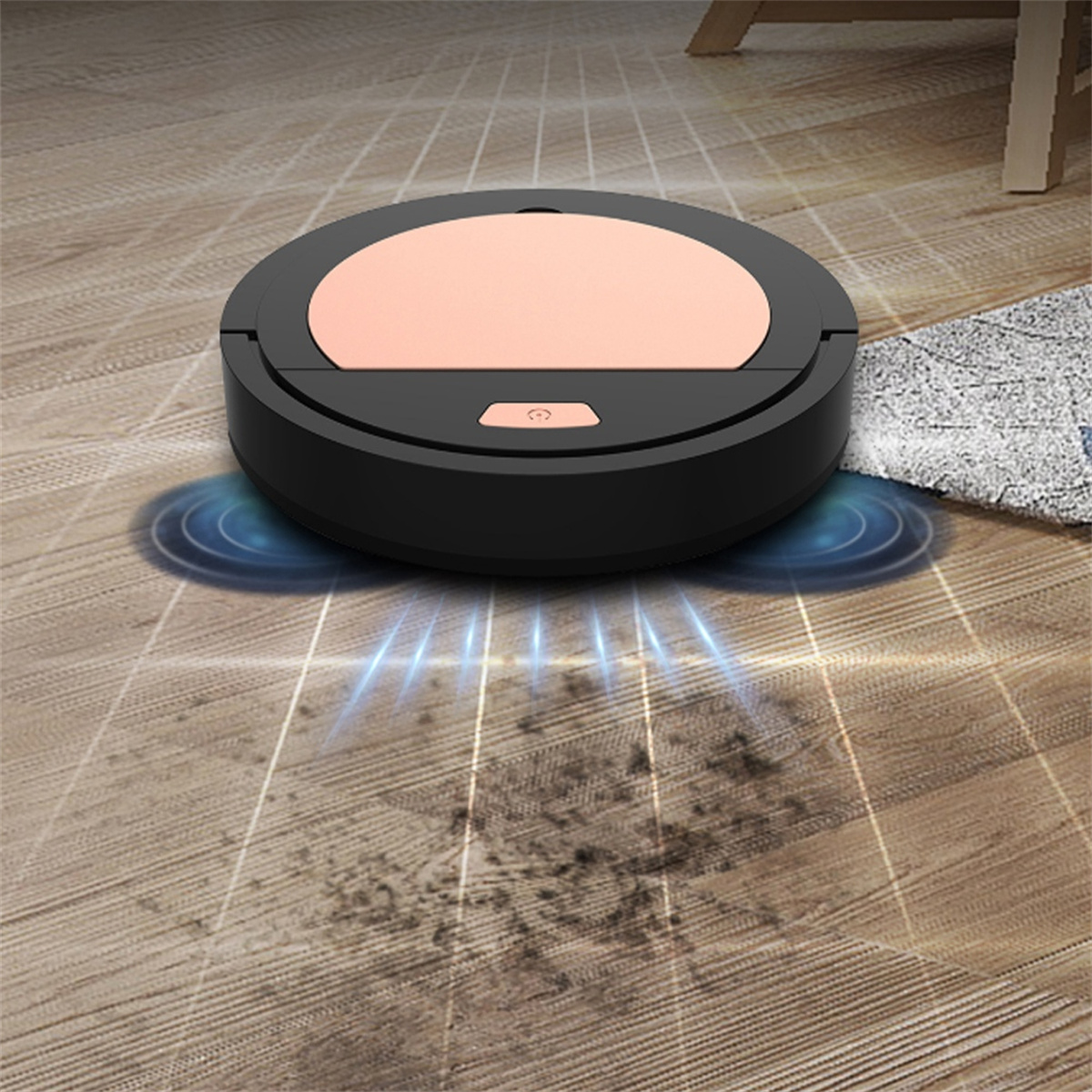 Ein schwarzer Roboter-Staubsauger auf einem Holzboden. Es reinigt den Boden, mit blauen Lichteffekten.