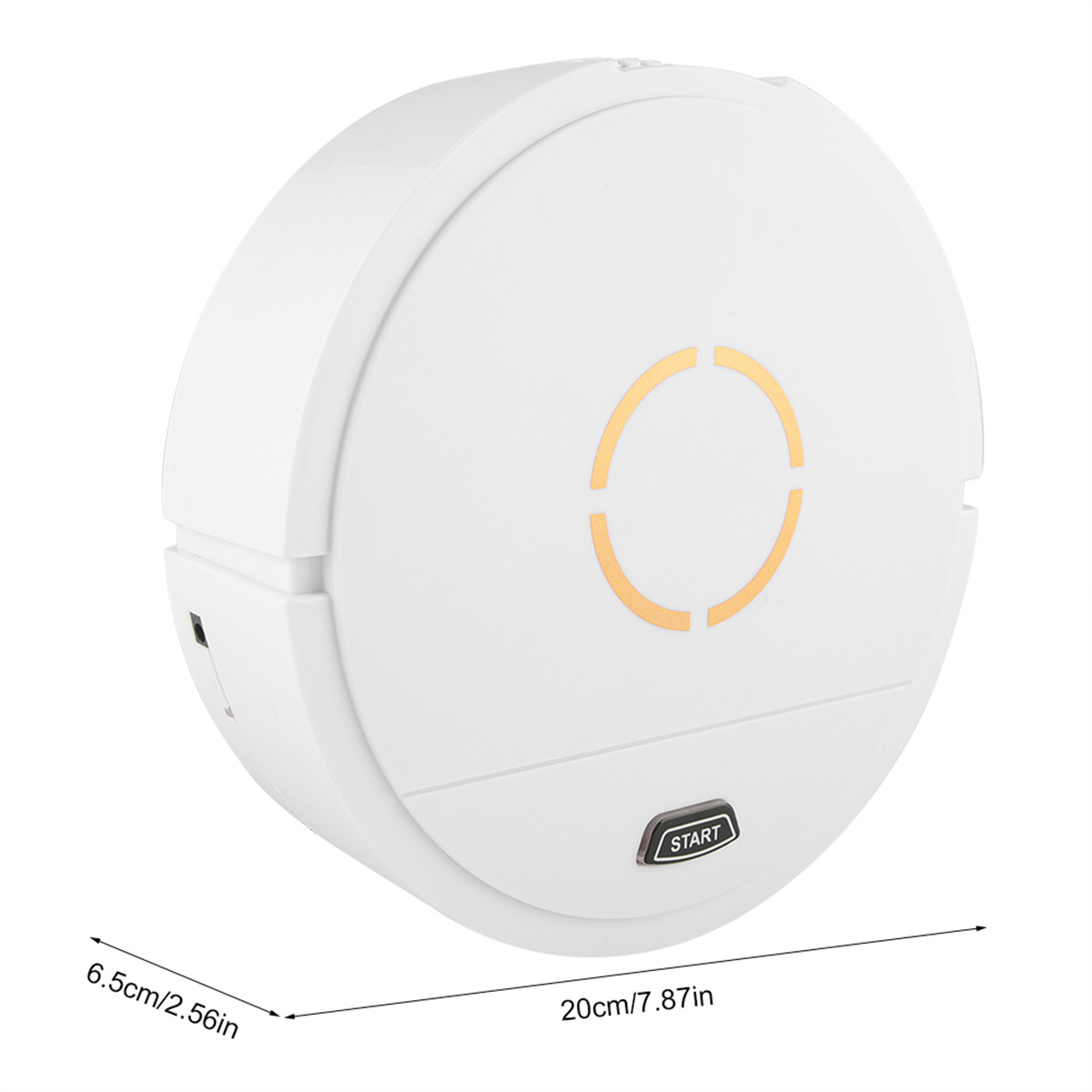 Ein weißes, rundes Smart-Home-Gerät mit einem Knopf und Messungen.