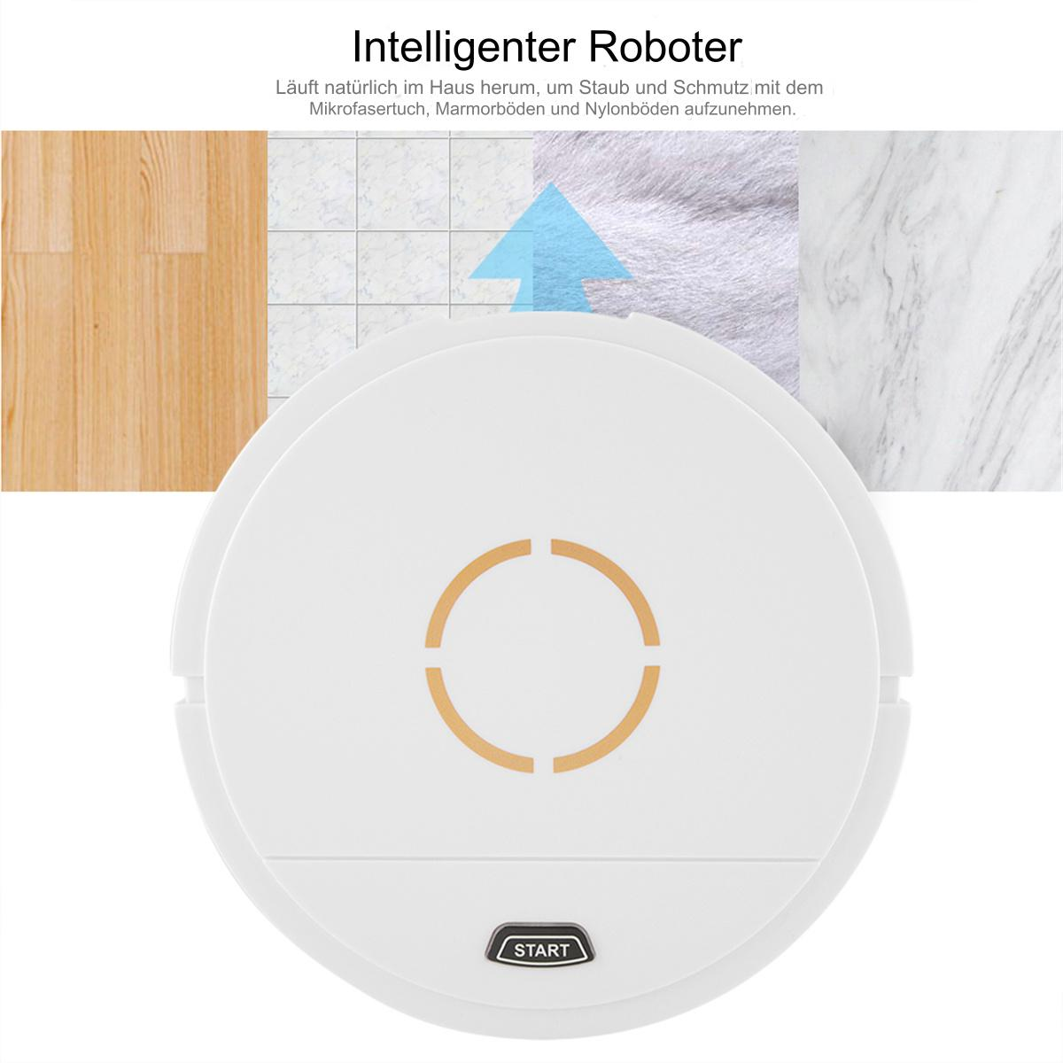 Weißer Roboter-Staubsauger mit kreisförmigem Design, dargestellt auf verschiedenen Bodenbelägen.