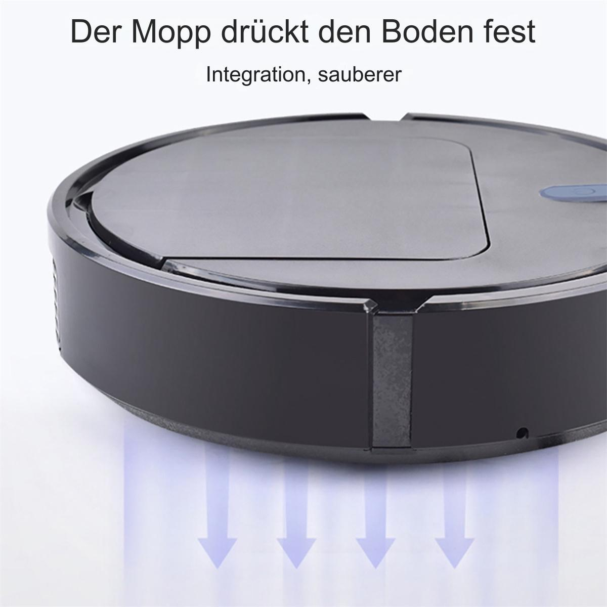 Roboter-Staubsauger mit flacher, schwarzer Oberseite und Pfeilen darunter.