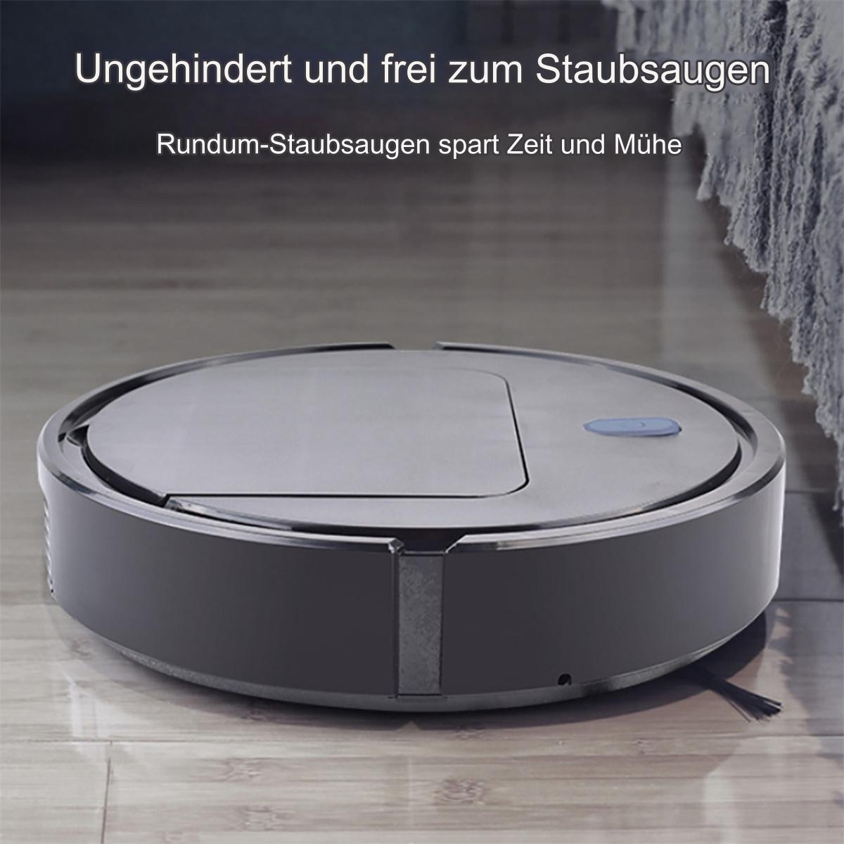 Ein runder, grauer Roboter-Staubsauger auf einem Holzboden. Text: 'Ungehindertes Staubsaugen'.