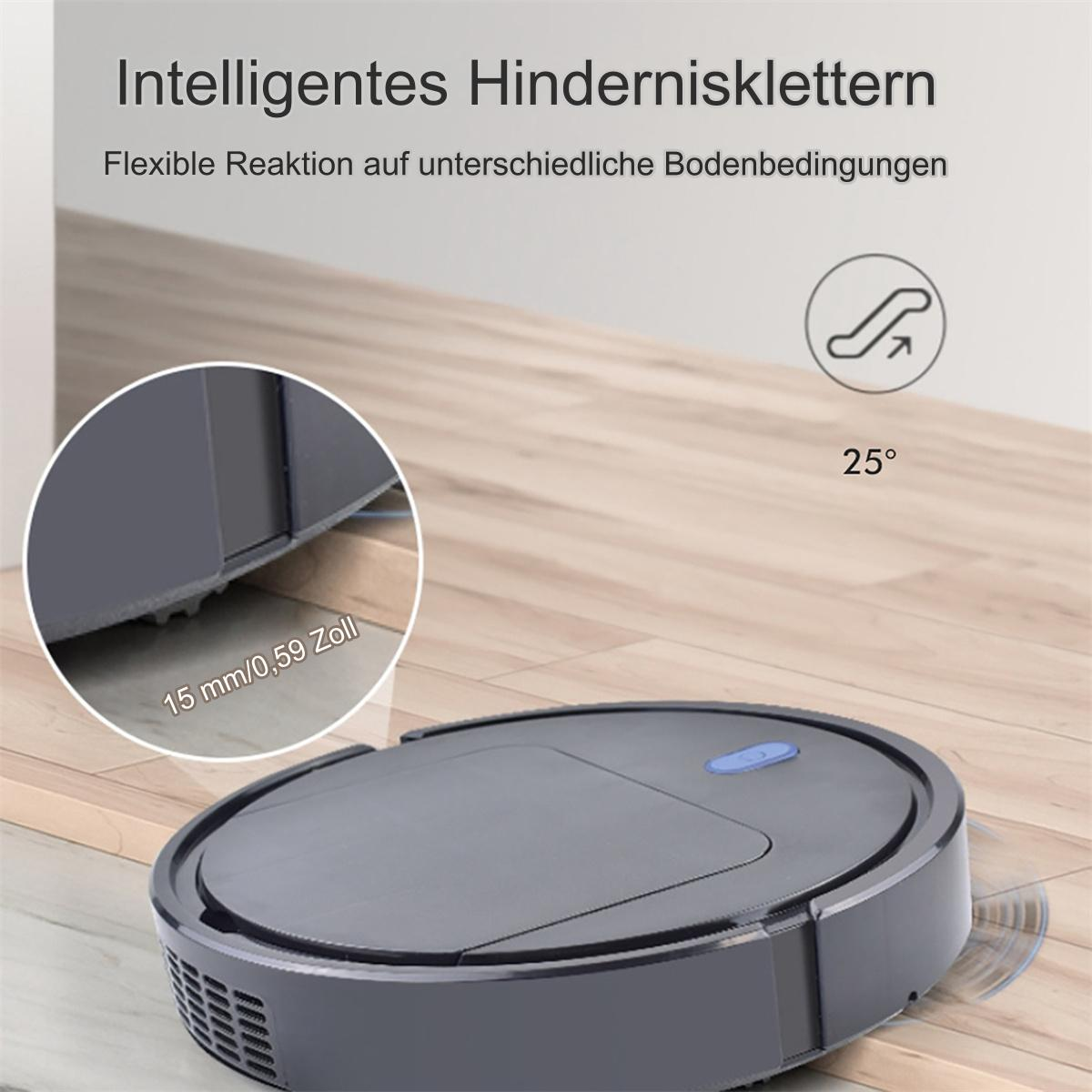 Roboter-Staubsauger auf Holzboden. Text sagt intelligentes Klettern, mit einem Symbol.