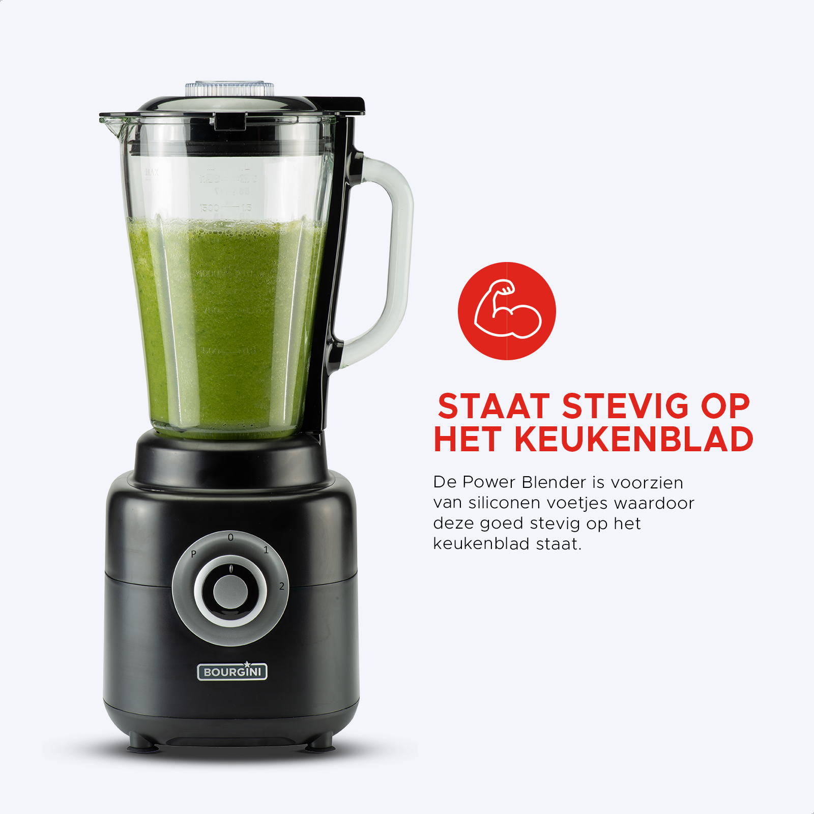 Frullatore nero con un barattolo di vetro pieno di liquido verde. C'è un'icona rossa.