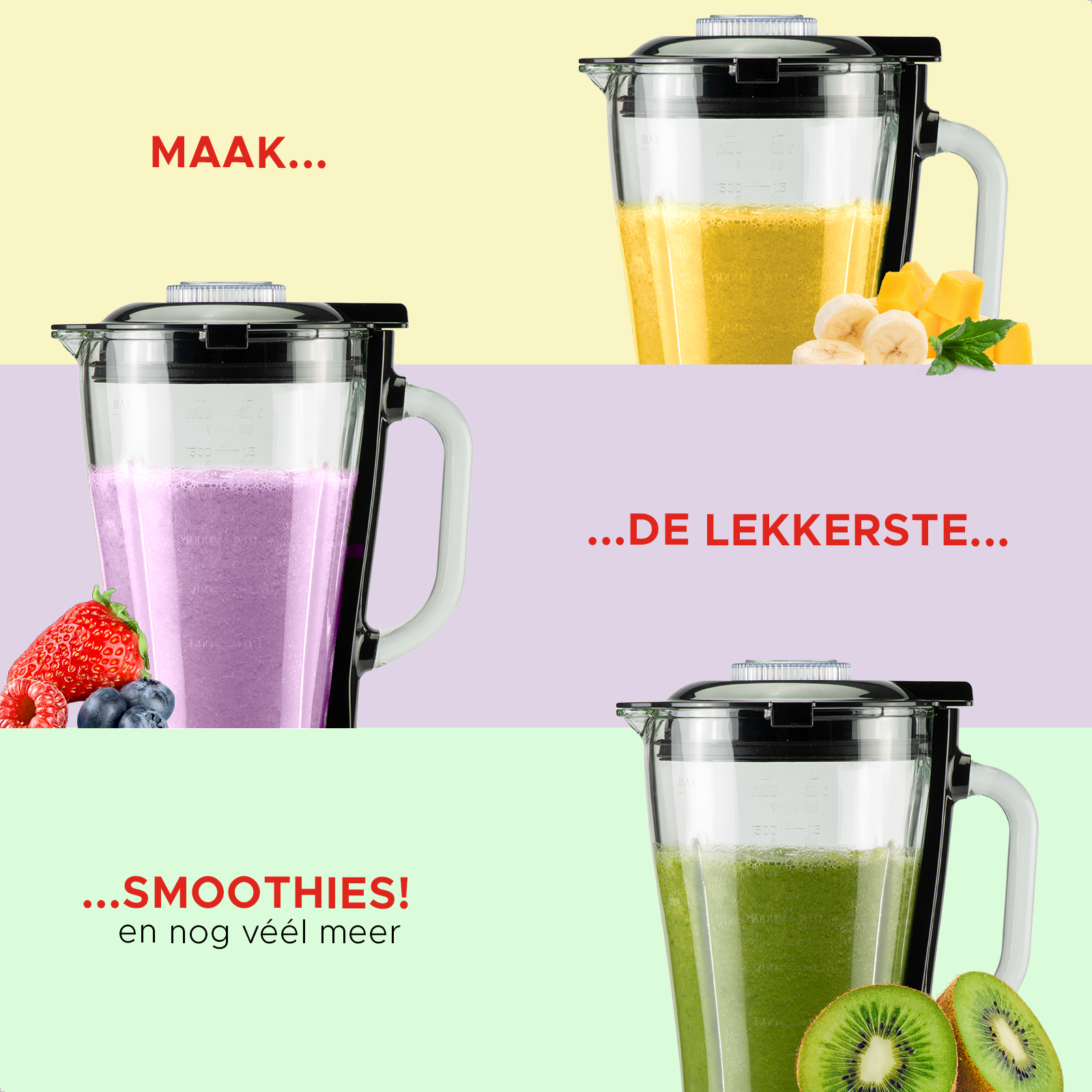 Frullatore con tre barattoli contenenti diversi frullati, testo indica i sapori.