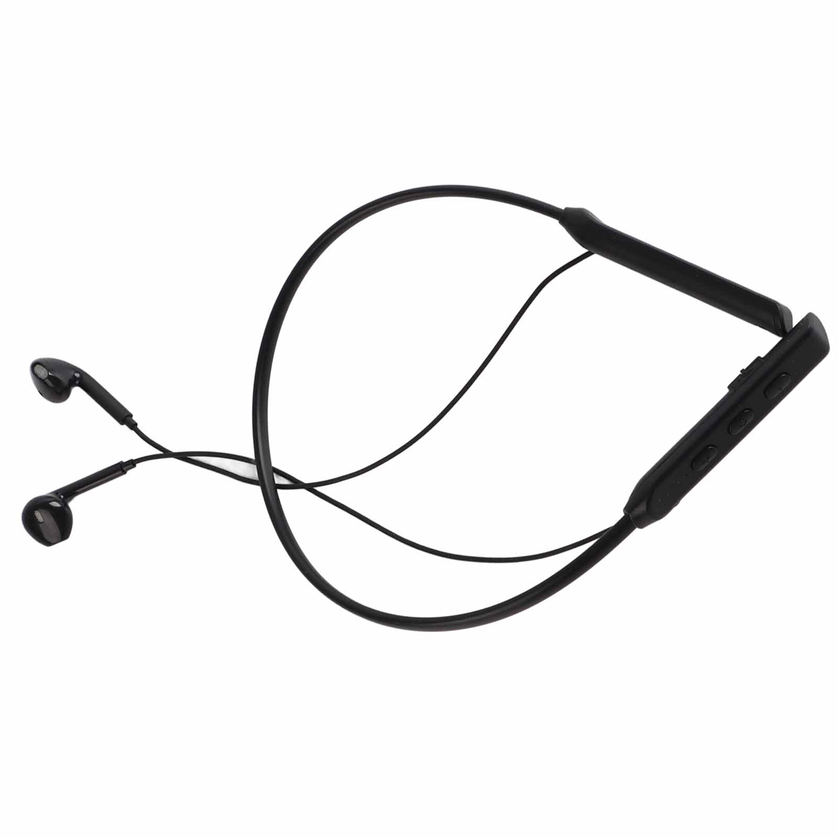 Schwarze Bluetooth-Ohrhörer im Nackenbandstil mit Inline-Bedienelementen und zwei Ohrhörern.