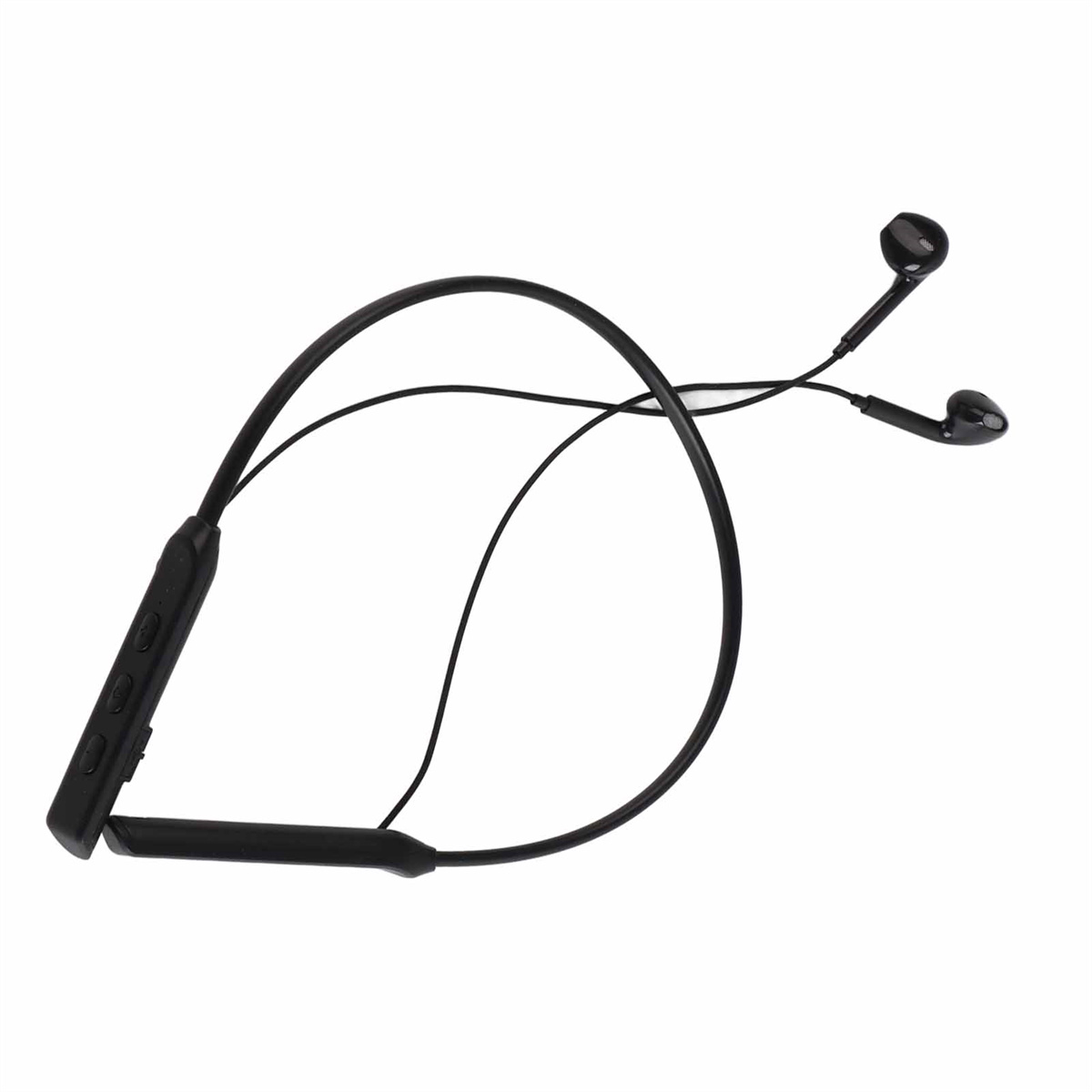 Schwarze kabellose Ohrhörer mit Nackenband. Die Ohrhörer sind in den Ohren.