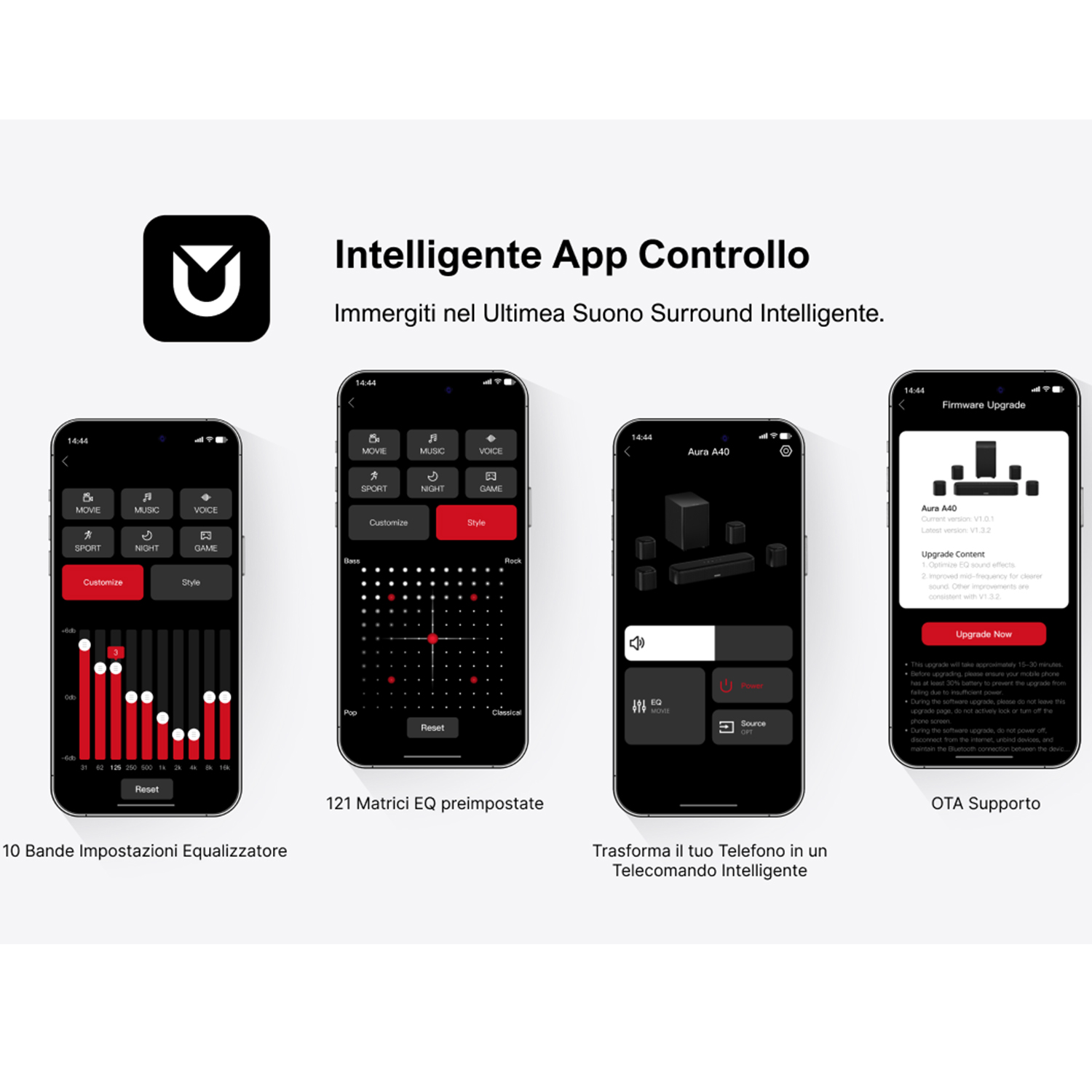 Quattro smartphone con interfacce app. Il testo evidenzia il controllo intelligente. Logo nero in alto a sinistra.