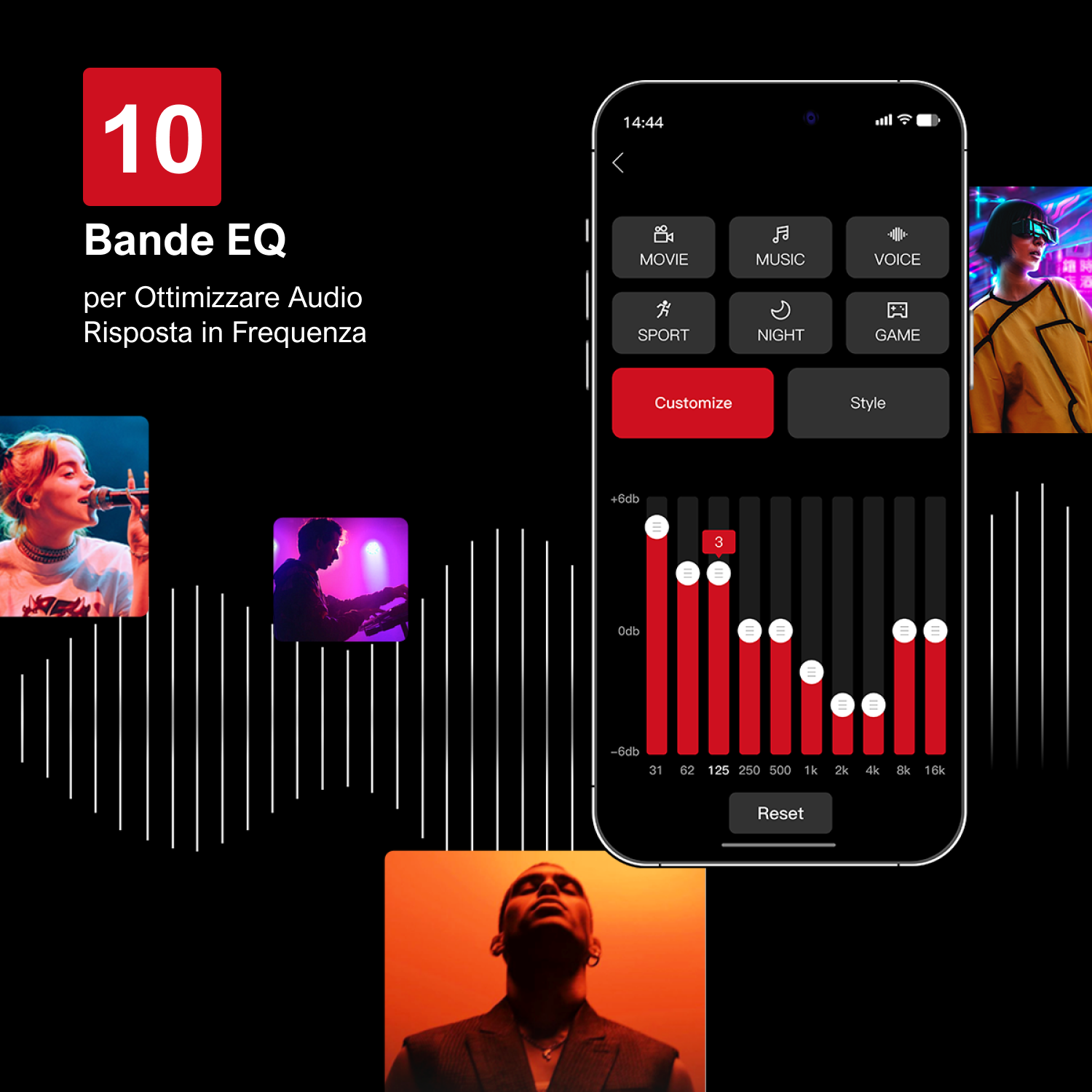 Uno schermo del telefono che mostra le impostazioni audio con grafici e foto di persone.