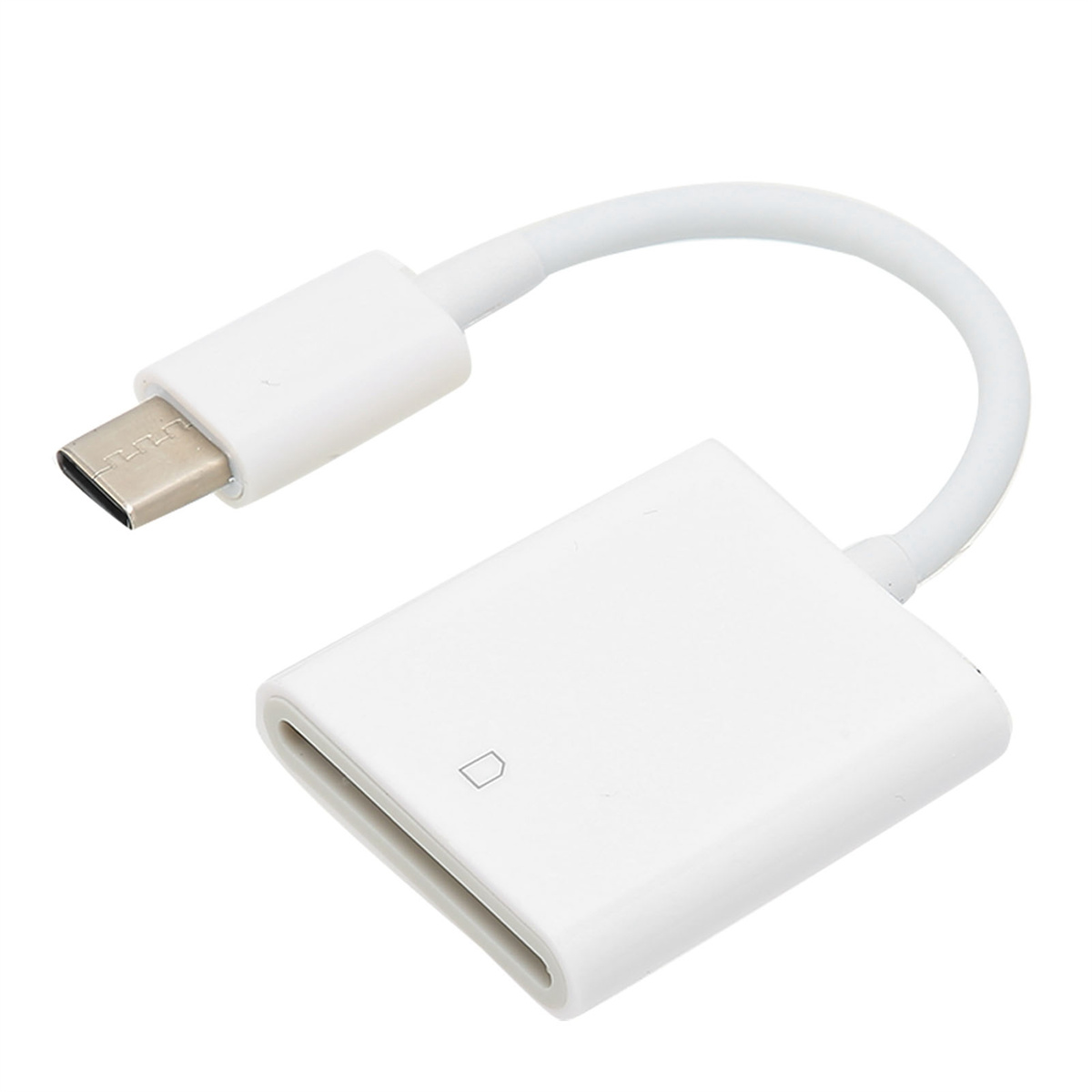Weißer USB-C-zu-SD-Kartenleser. Er hat einen USB-C-Anschluss und einen SD-Kartensteckplatz. Einfaches Design.