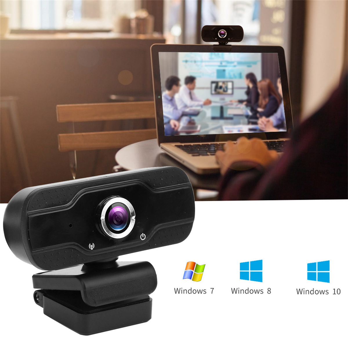 Webcam mit Laptop, der ein Meeting zeigt. Windows-Logos unten.
