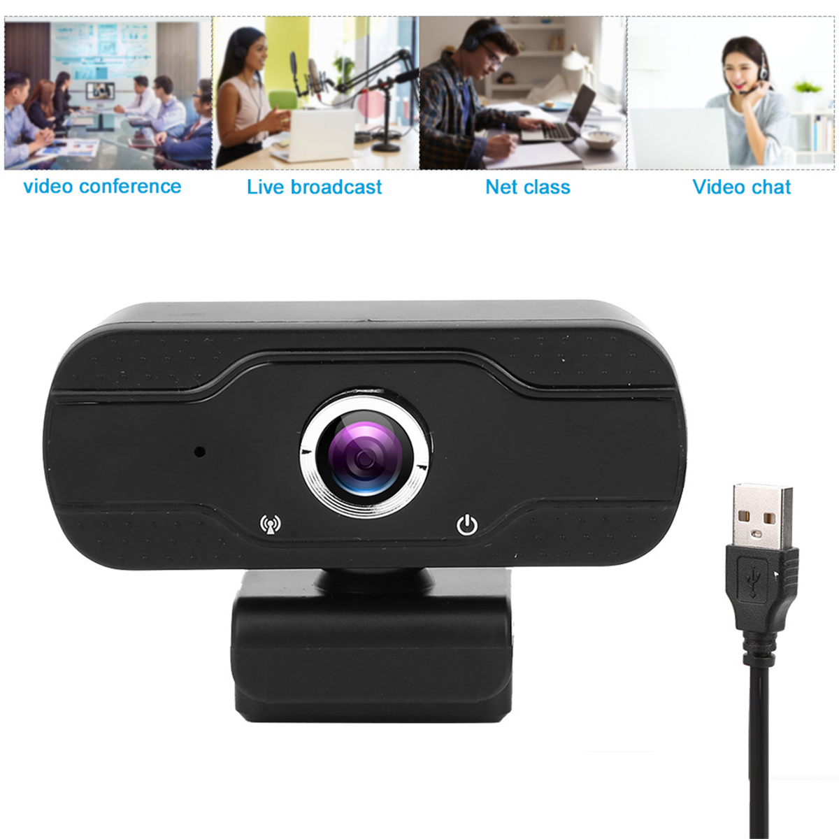 Schwarze Webcam mit mehreren Aktivitätssymbolen. Enthält ein USB-Kabel. Weißer Hintergrund.