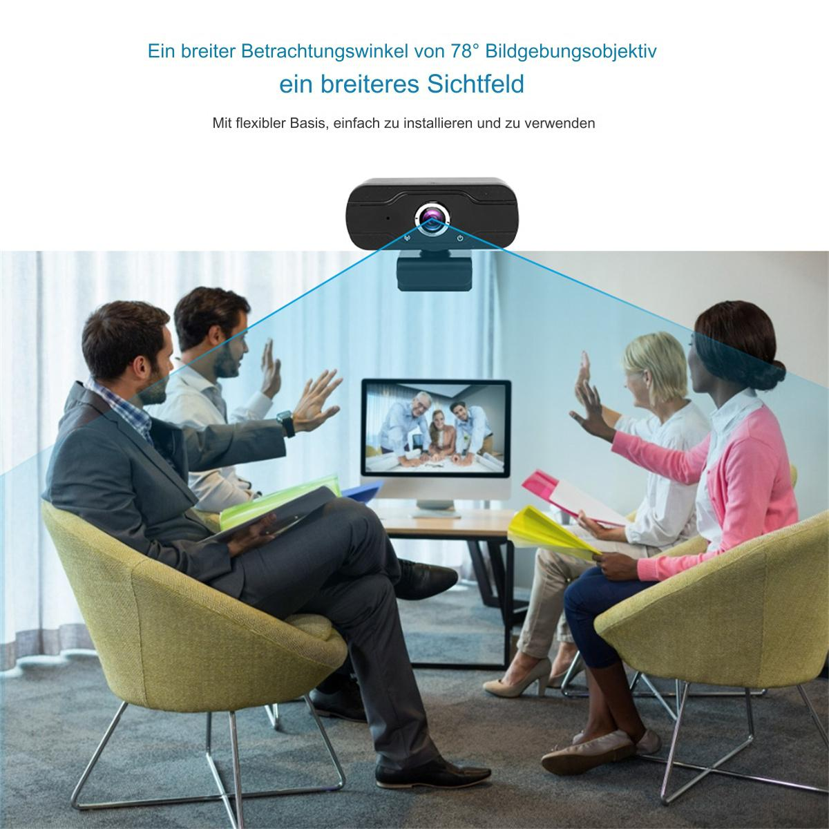 Webcam erfasst ein Meeting. Personen in einem Konferenzraum winken. Text: Ein breiteres Sichtfeld.