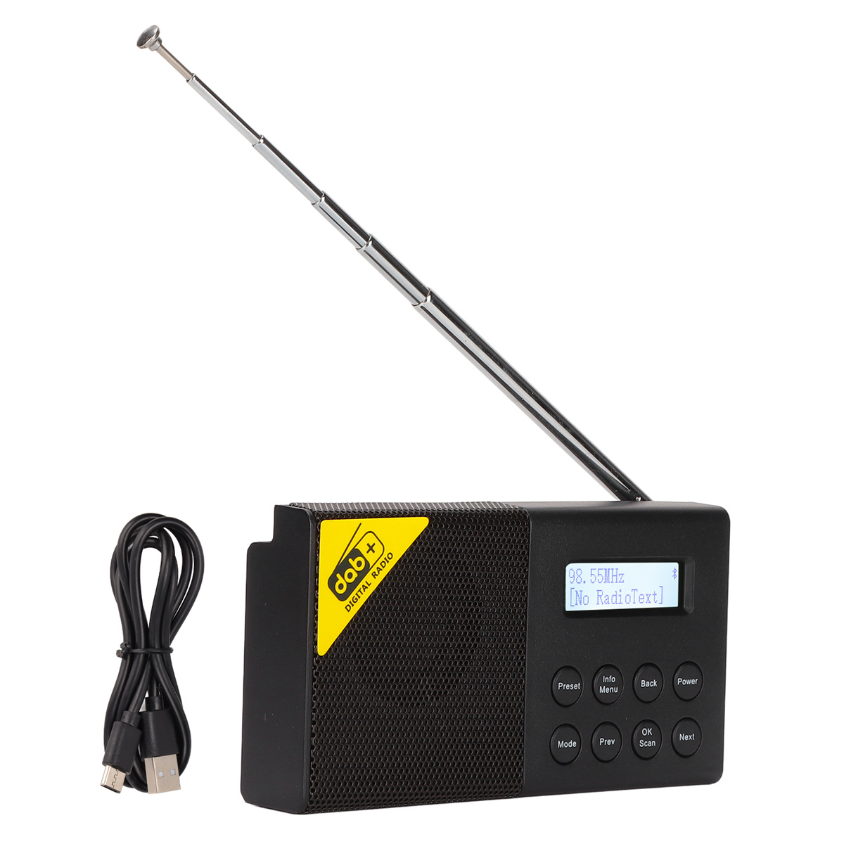 Schwarzes DAB Digitalradio mit Antenne, Display und Bedientasten. USB-Kabel links.
