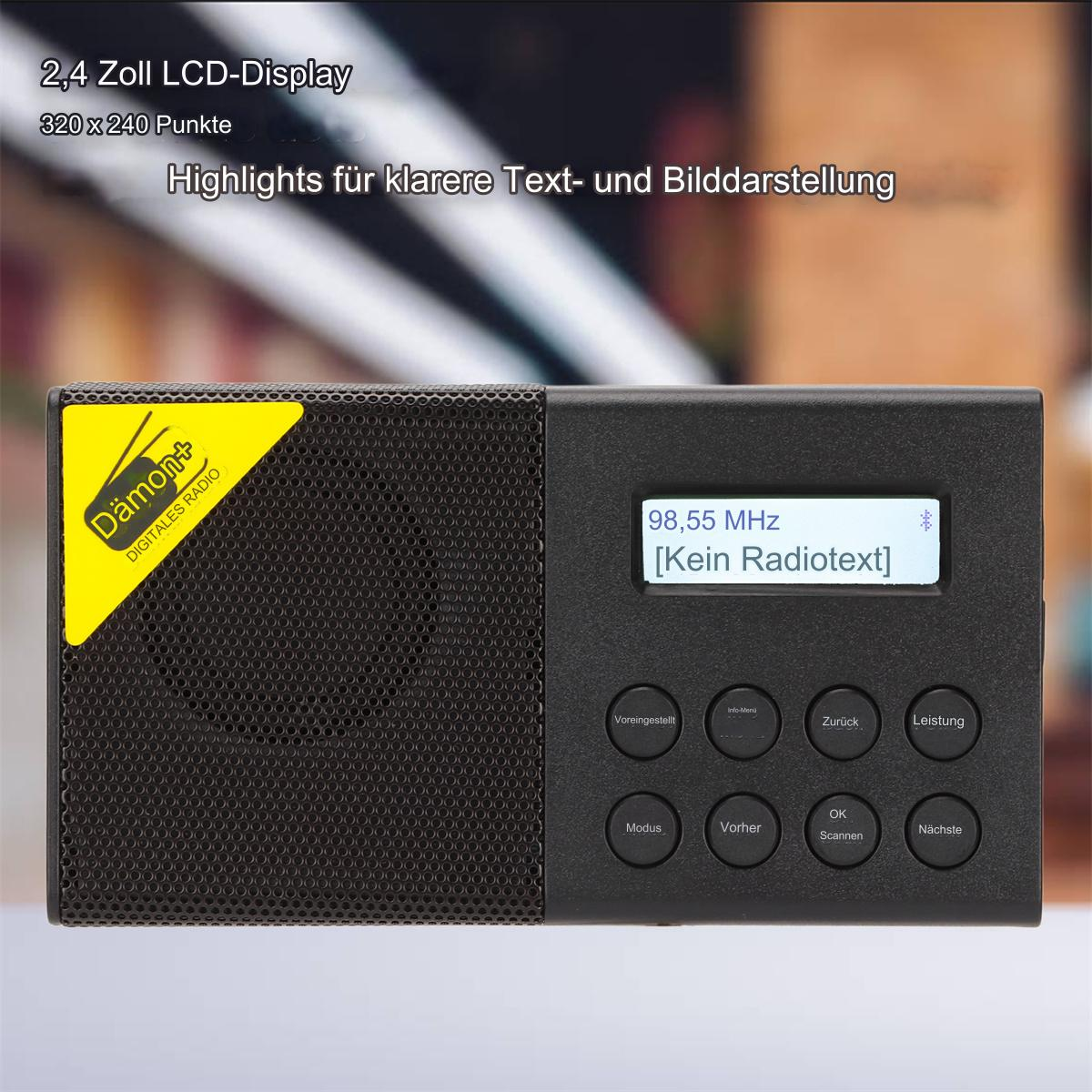 Schwarzes Digitalradio mit Frequenzanzeige und Bedientasten.