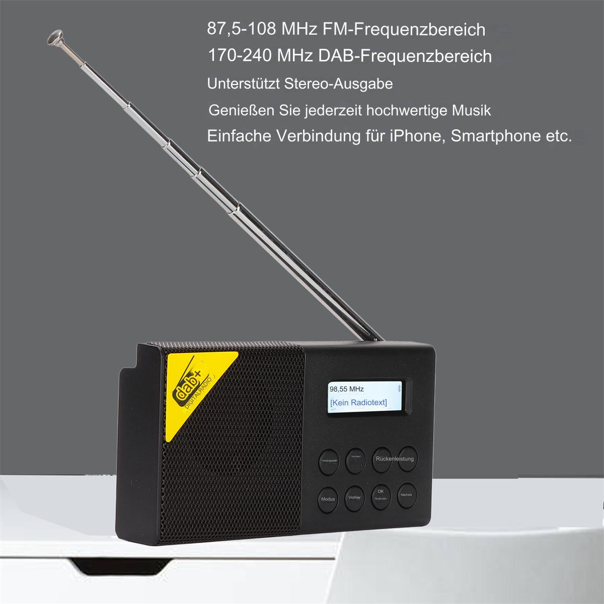 Ein schwarzes Radio hat eine lange Antenne. Text über FM/DAB-Frequenzen und Funktionen steht oben.