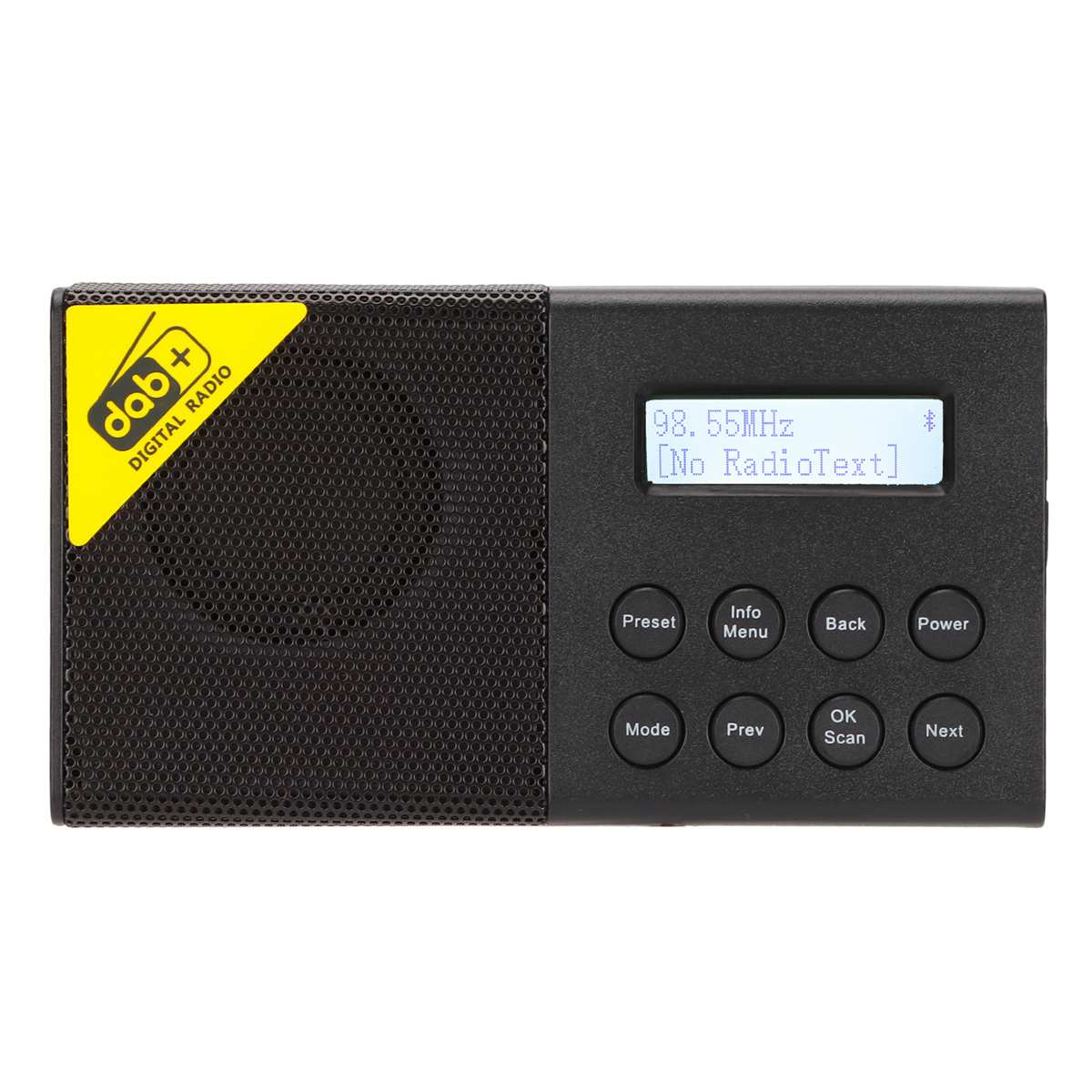 Ein schwarzes Digitalradio mit Tasten und Display mit Radioinformationen.