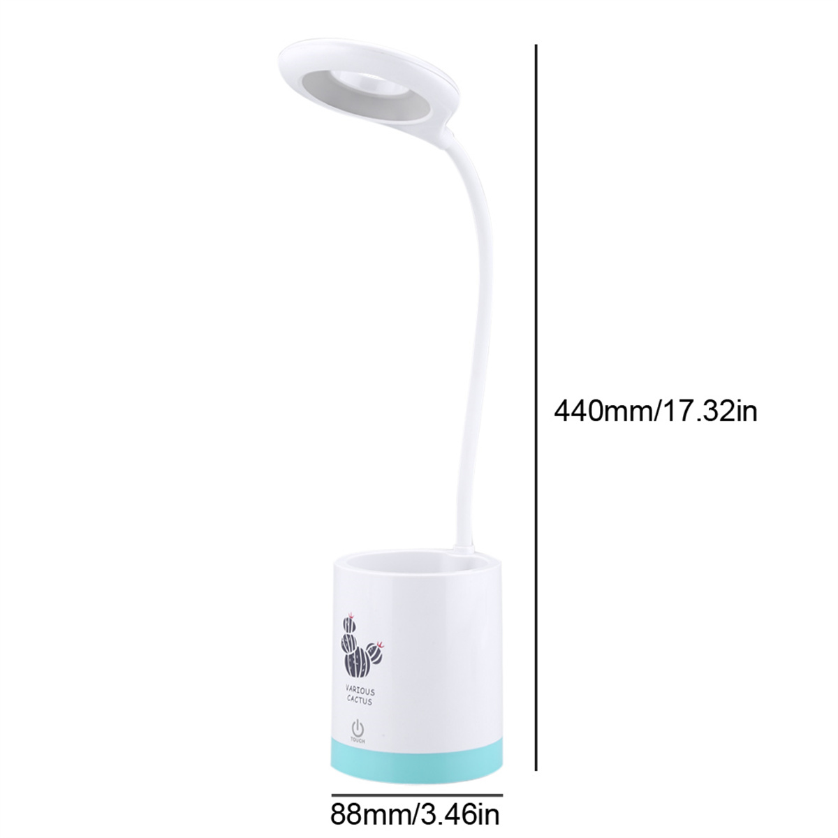 Eine weiße Schreibtischlampe mit flexiblem Hals und Kaktus-Stifthalter. Abmessungen gezeigt.