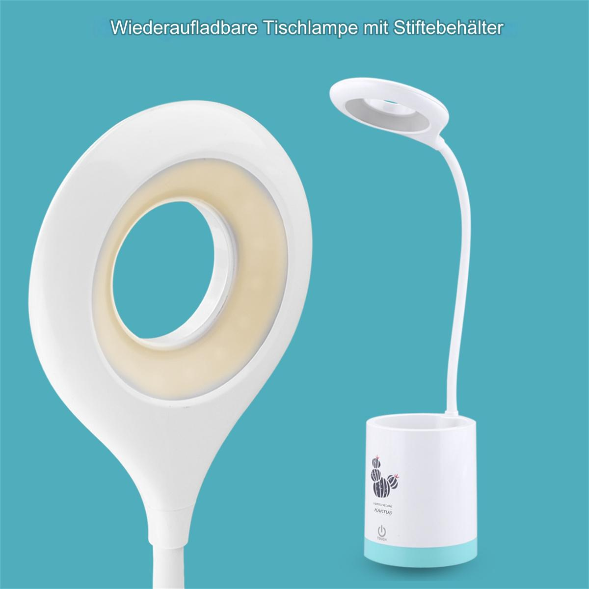 Zwei weiße Lampen mit blauen Sockeln. Eine hat einen Stifthalter. Auf blauem Grund.