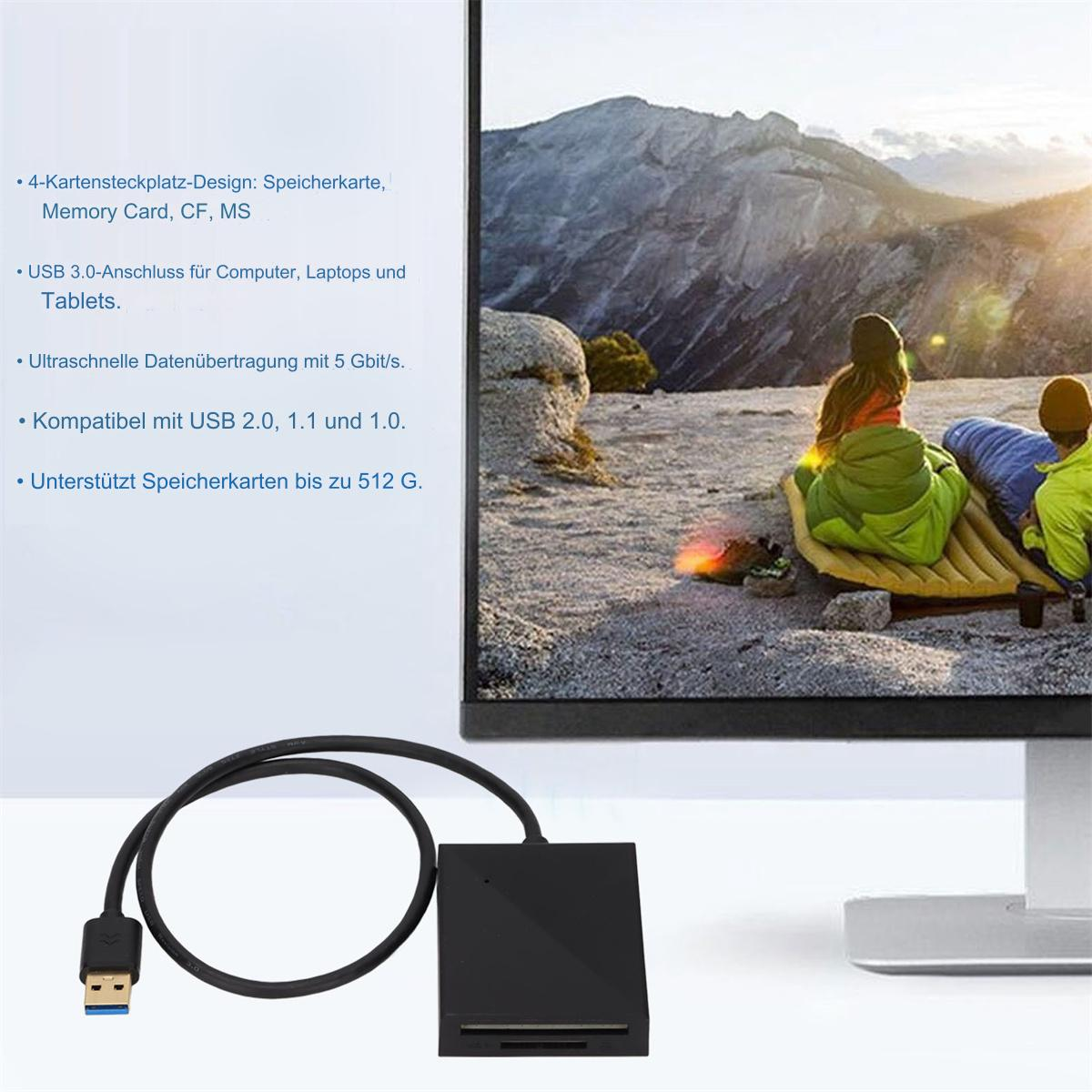 Ein schwarzer Kartenleser mit USB-Kabel und Text zur Speicherkartenkompatibilität und USB 3.0.