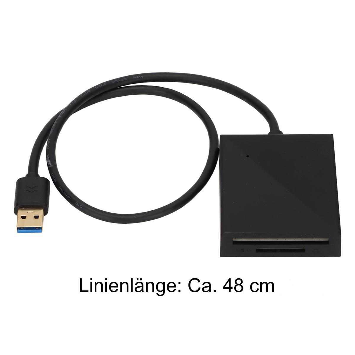 Schwarzer Kartenleser mit USB-Kabel, mit dem Text 'Linienlänge: Ca. 48 cm'.