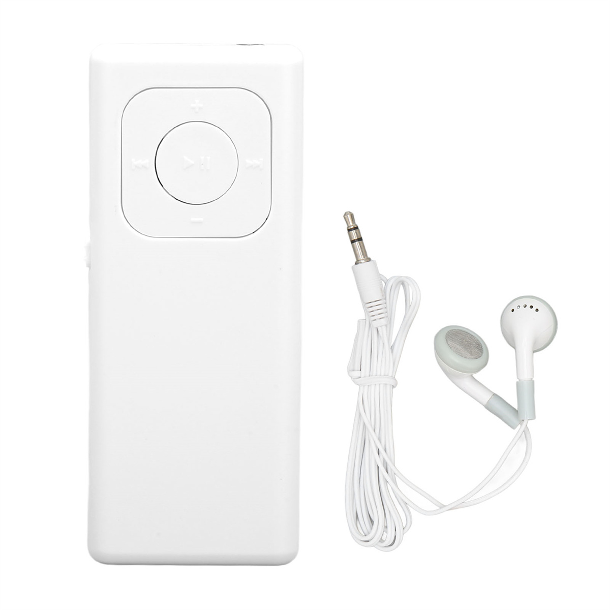 Ein weißer MP3-Player mit kreisförmiger Steuerung und weißen Ohrhörern mit Kabel.