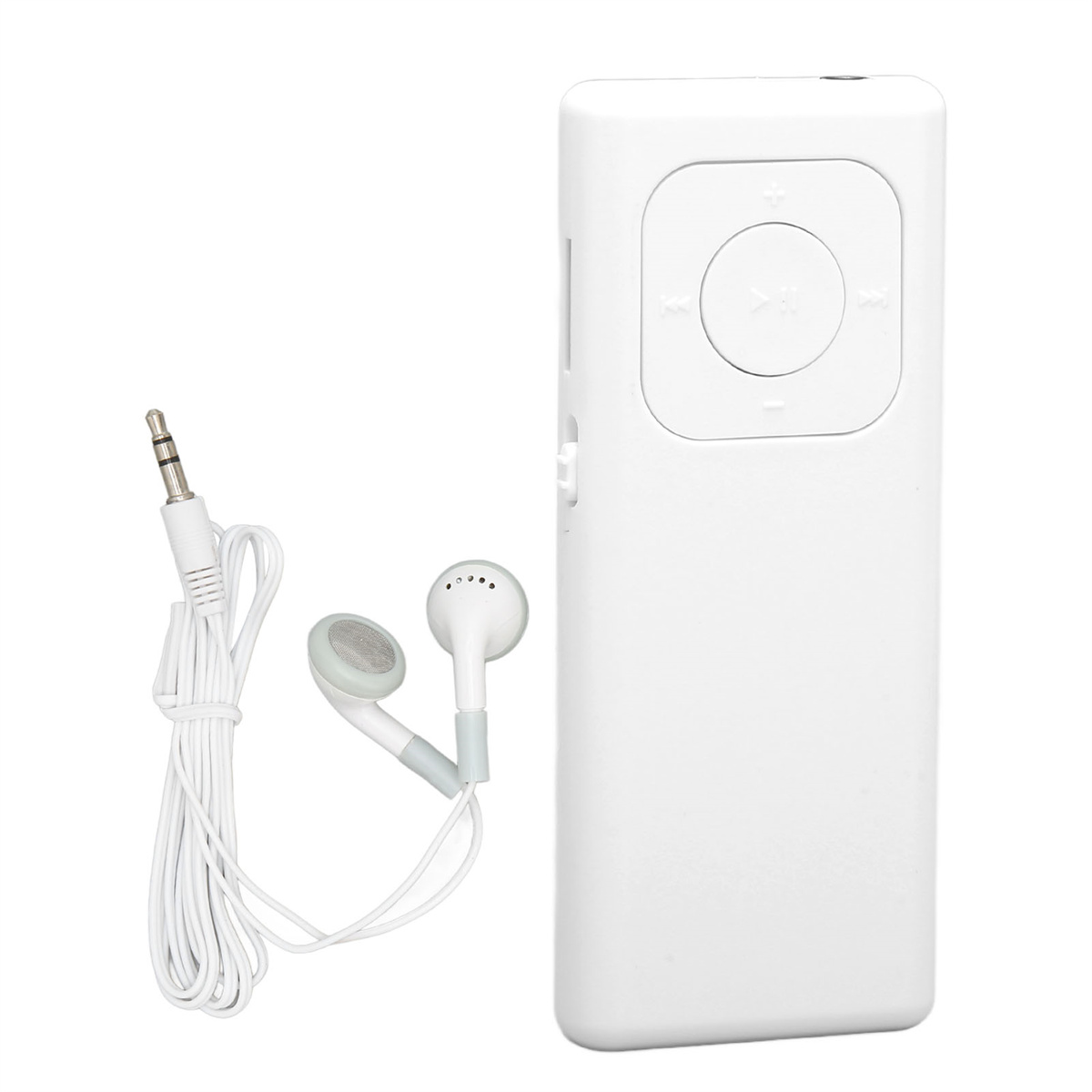 Weißer MP3-Player mit Bedientasten und einem Paar weißer Ohrhörer, verbunden durch ein weißes Kabel.