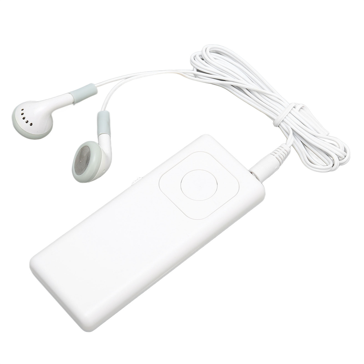 Weißer MP3-Player mit Ohrhörern und weißem Kabel.