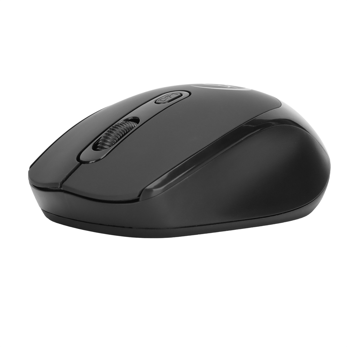 Schwarze kabellose Maus mit Scrollrad und Tasten auf weißem Hintergrund.
