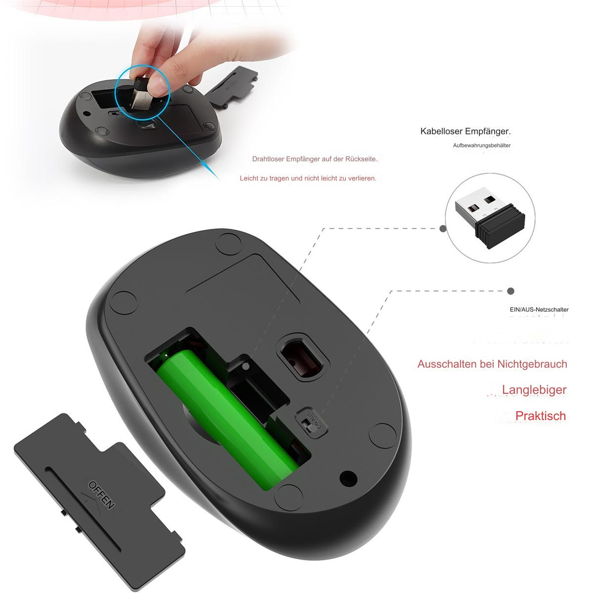 Schwarze kabellose Maus von unten mit grüner Batterie. USB-Dongle und offene Abdeckung sichtbar.