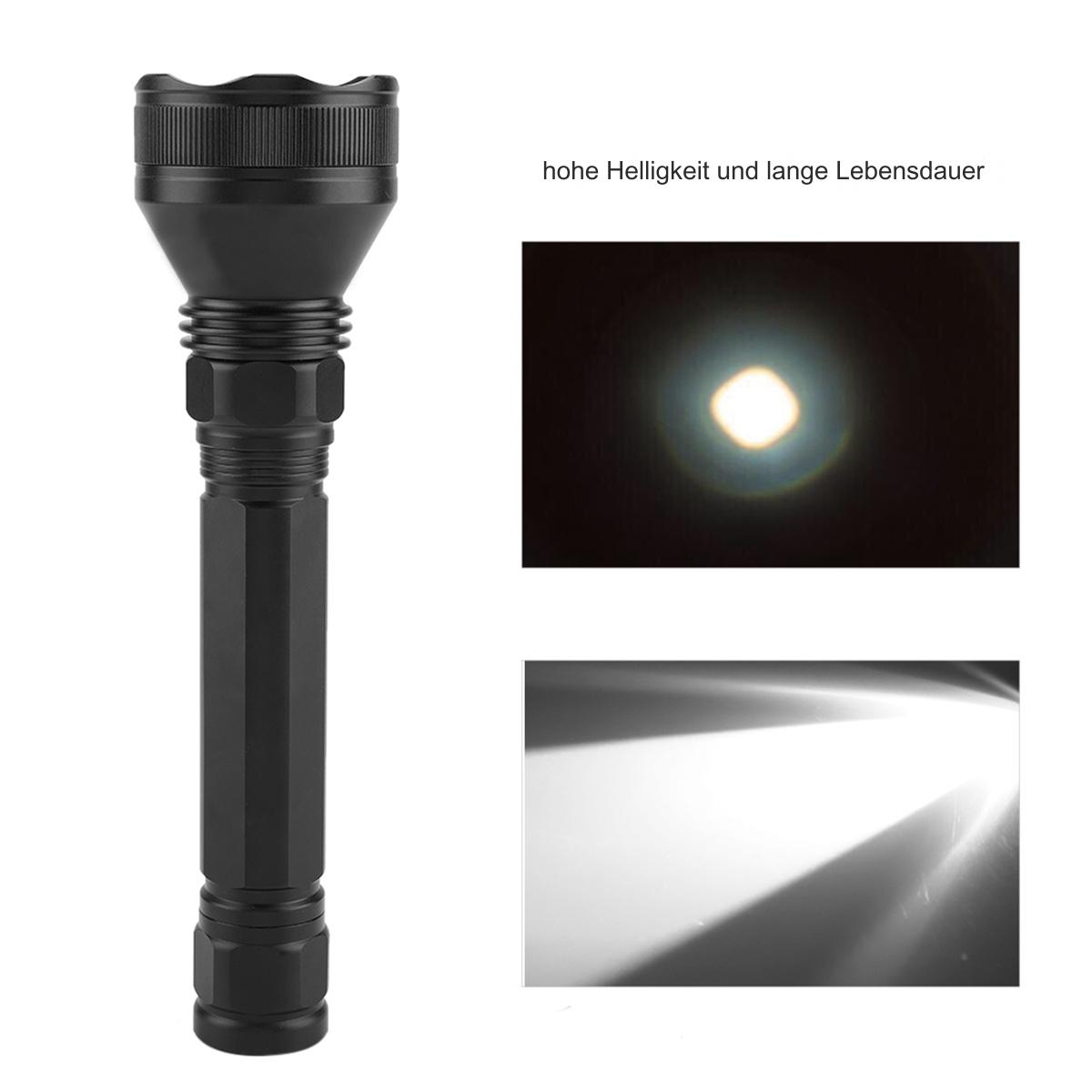 Schwarze Taschenlampe mit Lichtstrahlen. Text: hohe Helligkeit und lange Lebensdauer.