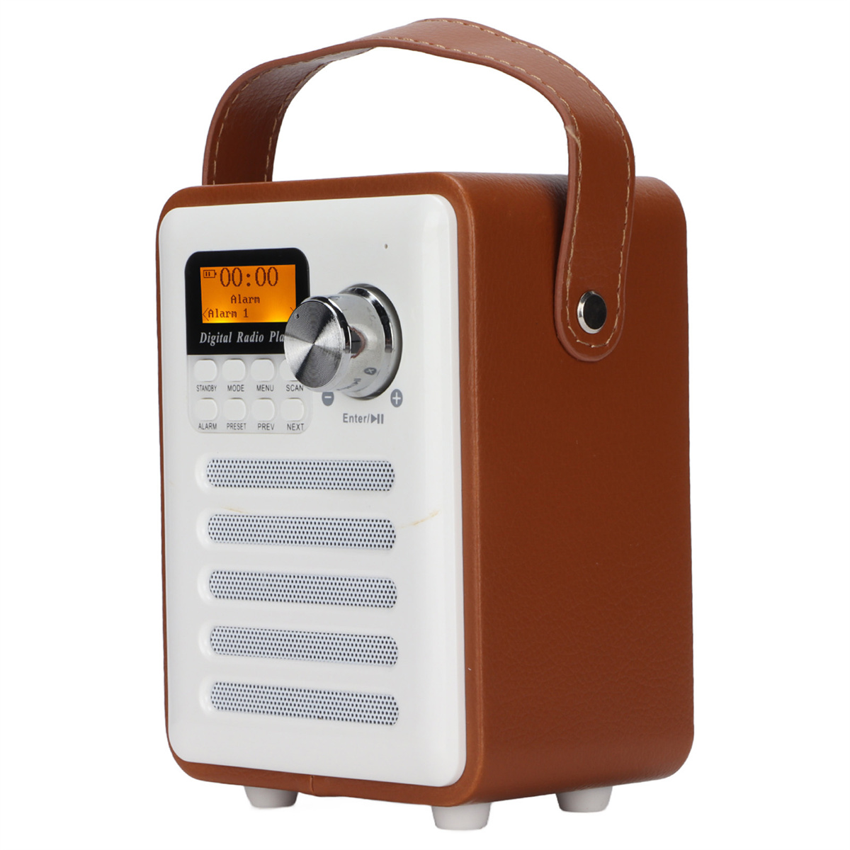 Ein braunes und weißes Retro-Radio mit Griff und Digitalanzeige.