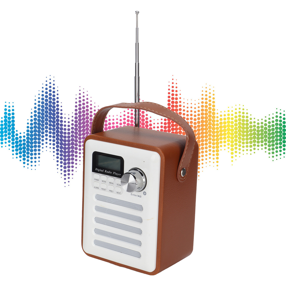 Ein braunes und weißes tragbares Radio mit Griff und Antenne vor buntem Hintergrund.