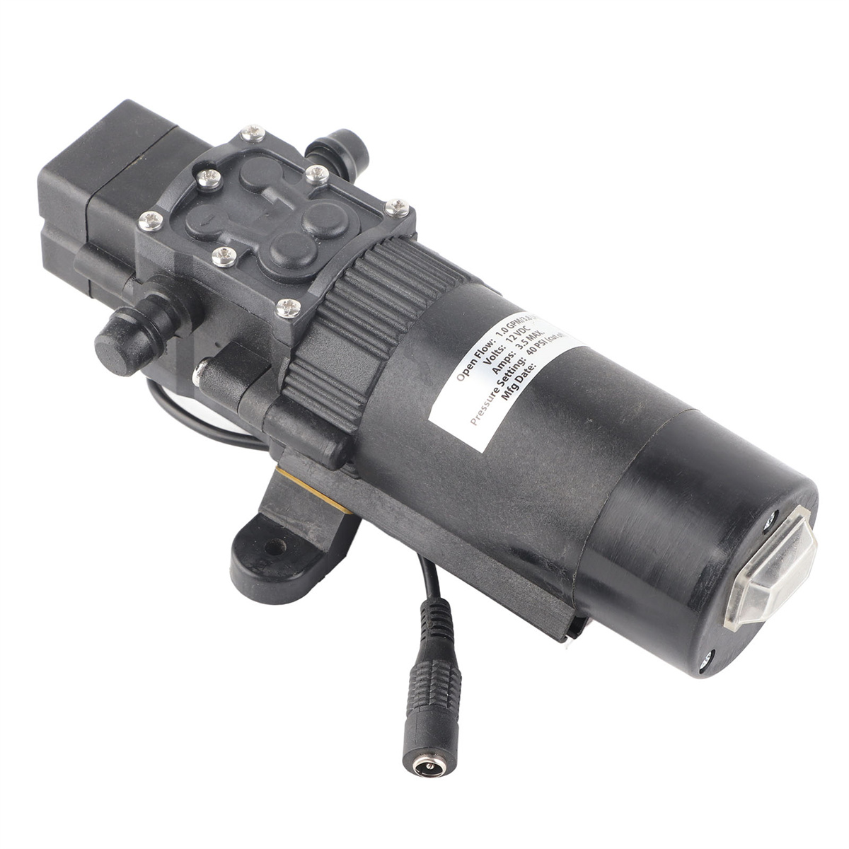 Schwarze Wasserpumpe mit Netzkabel. Etikett: Open Flow: 3,8 l/min, Spannung: 12 VDC, Max PSI: 60 PSI.