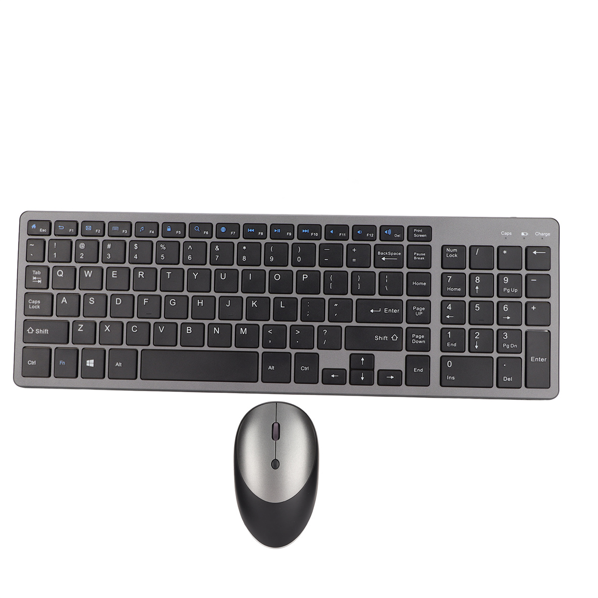 Schwarz-graues kabelloses Tastatur- und Maus-Set, isoliert auf Weiß.