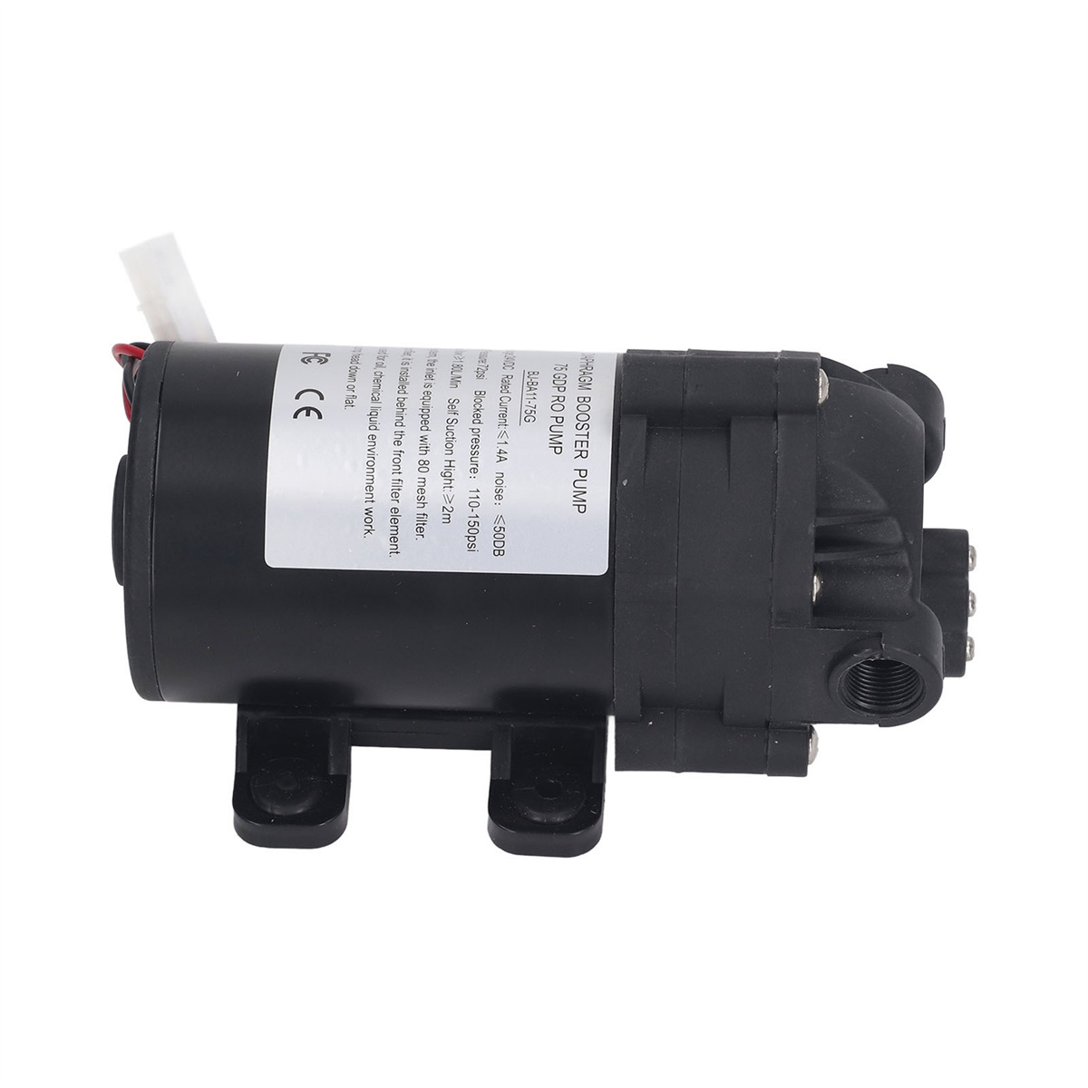 Schwarze Wasserpumpe mit weißem Etikett. Kleines, industriell aussehendes Gerät mit Schlauchanschluss.