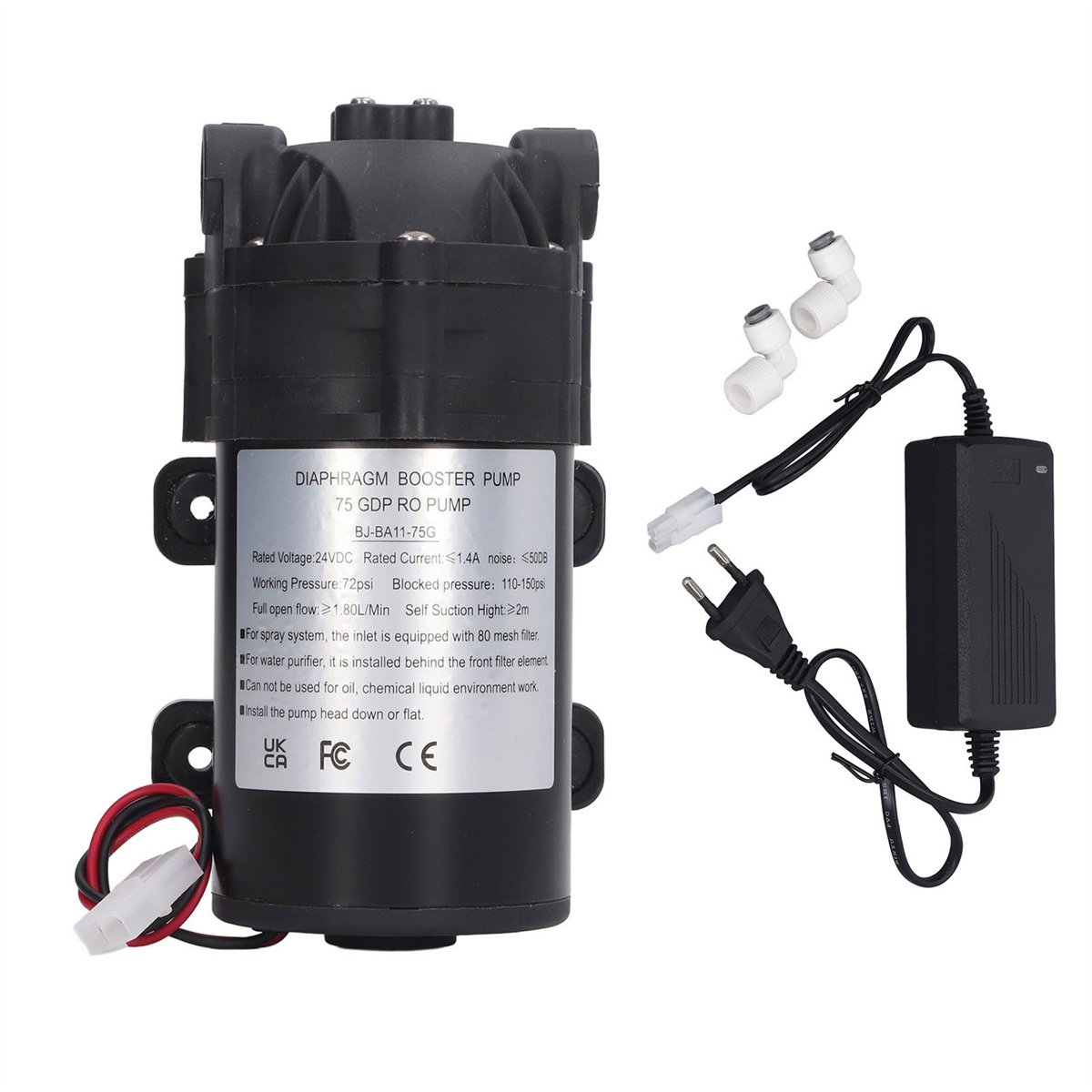 Membran-Boosterpumpe mit Text, einem Netzkabel und weißen Schläuchen. Mit technischen Details beschriftet.